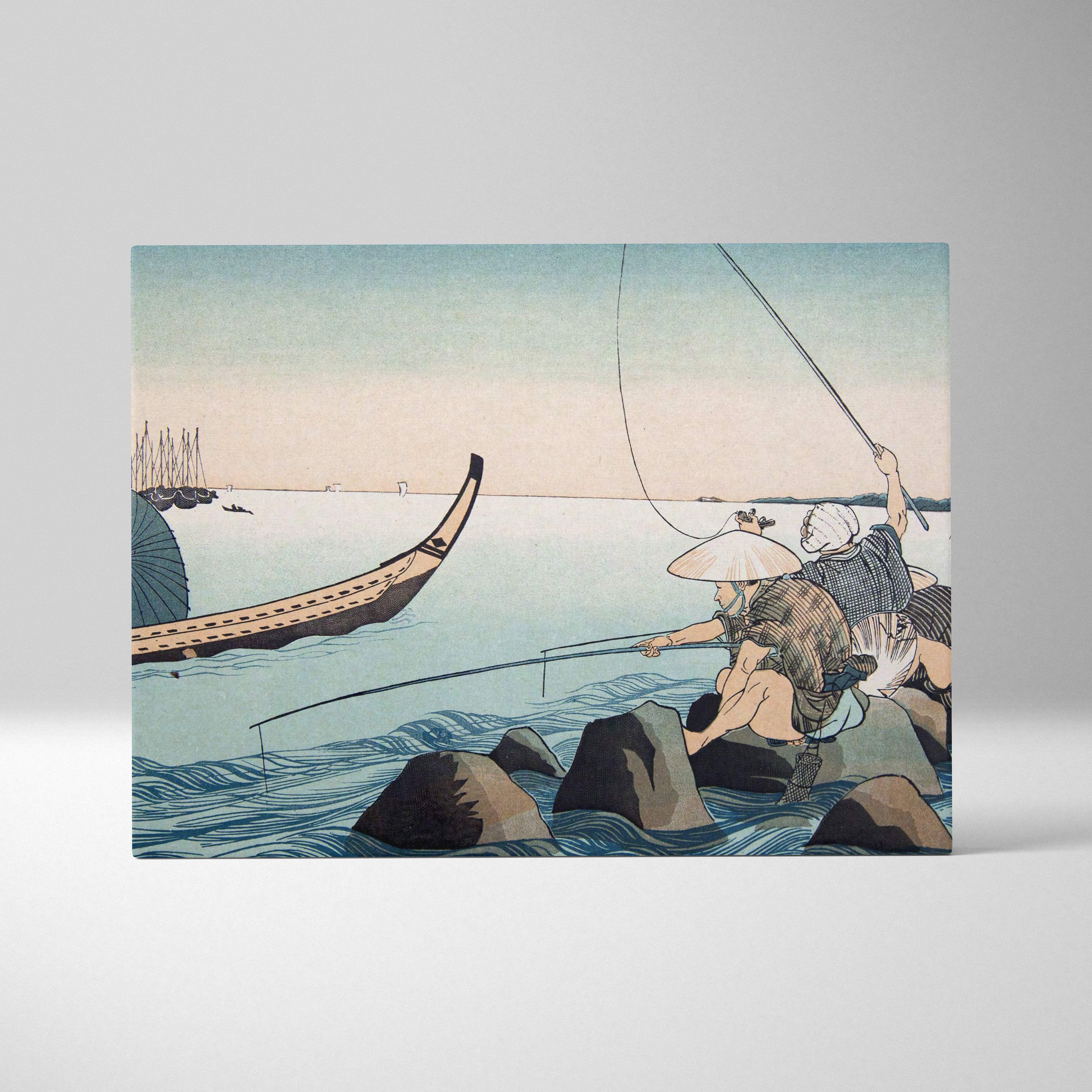 Japanese fishermen canvas wall art featuring blue vintage ukiyo-e print of two fishermen and boats under pastel sky
