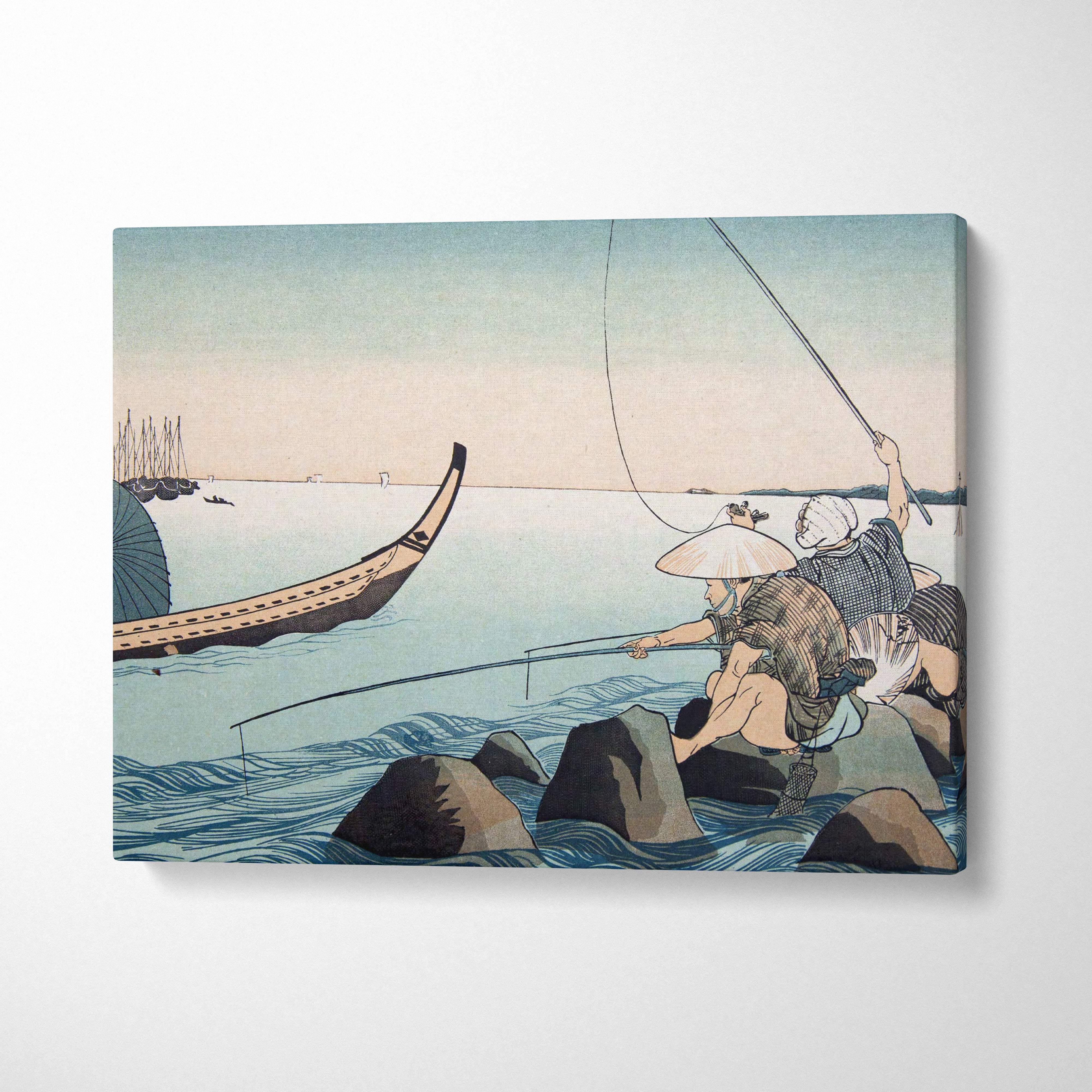 Canvas print of traditional japanese woodblock-style fishing scene in blue vintage ukiyo-e painting style for wall art
