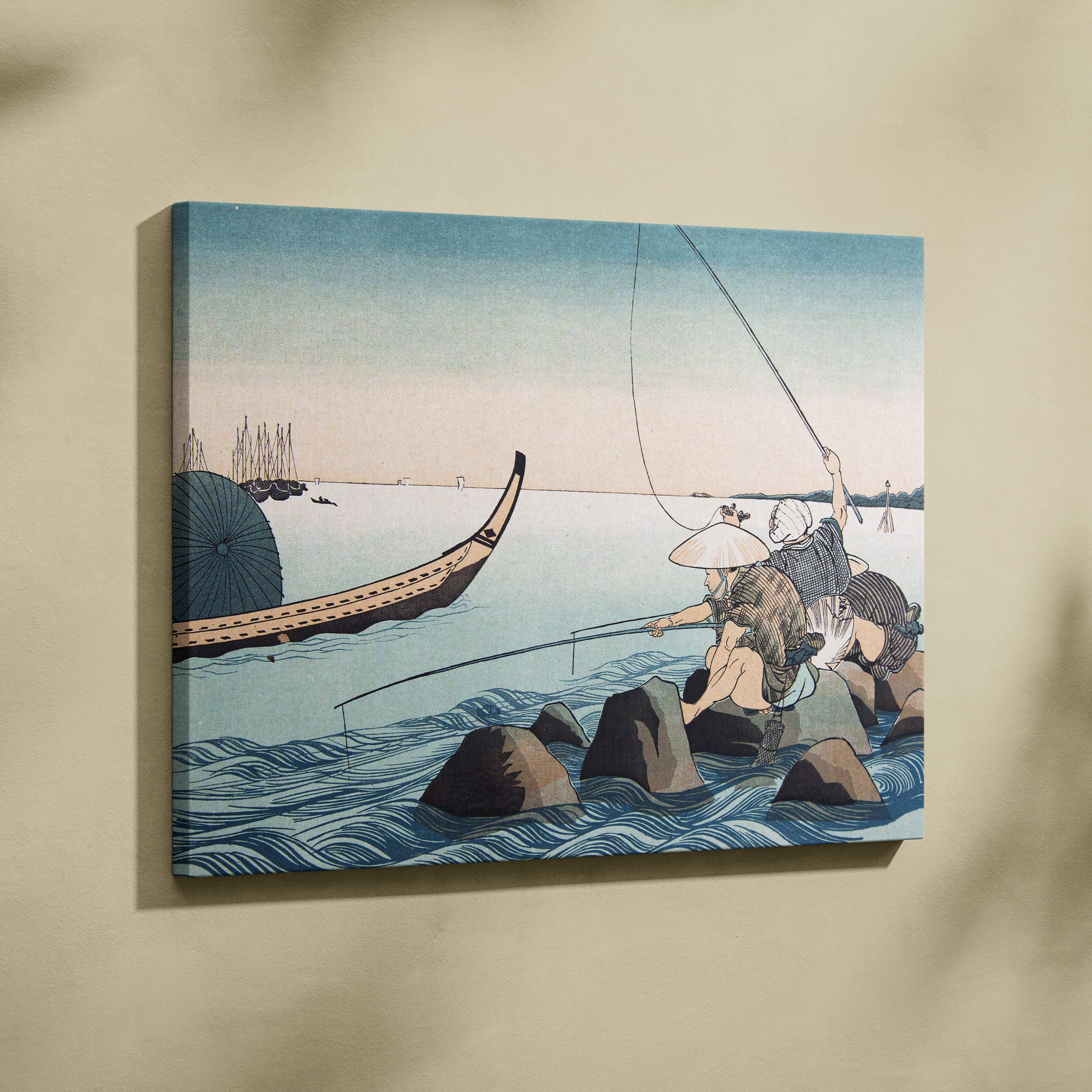 Blue and beige canvas print of traditional japanese fishing scene with figures on rocks near a boat for wall decor