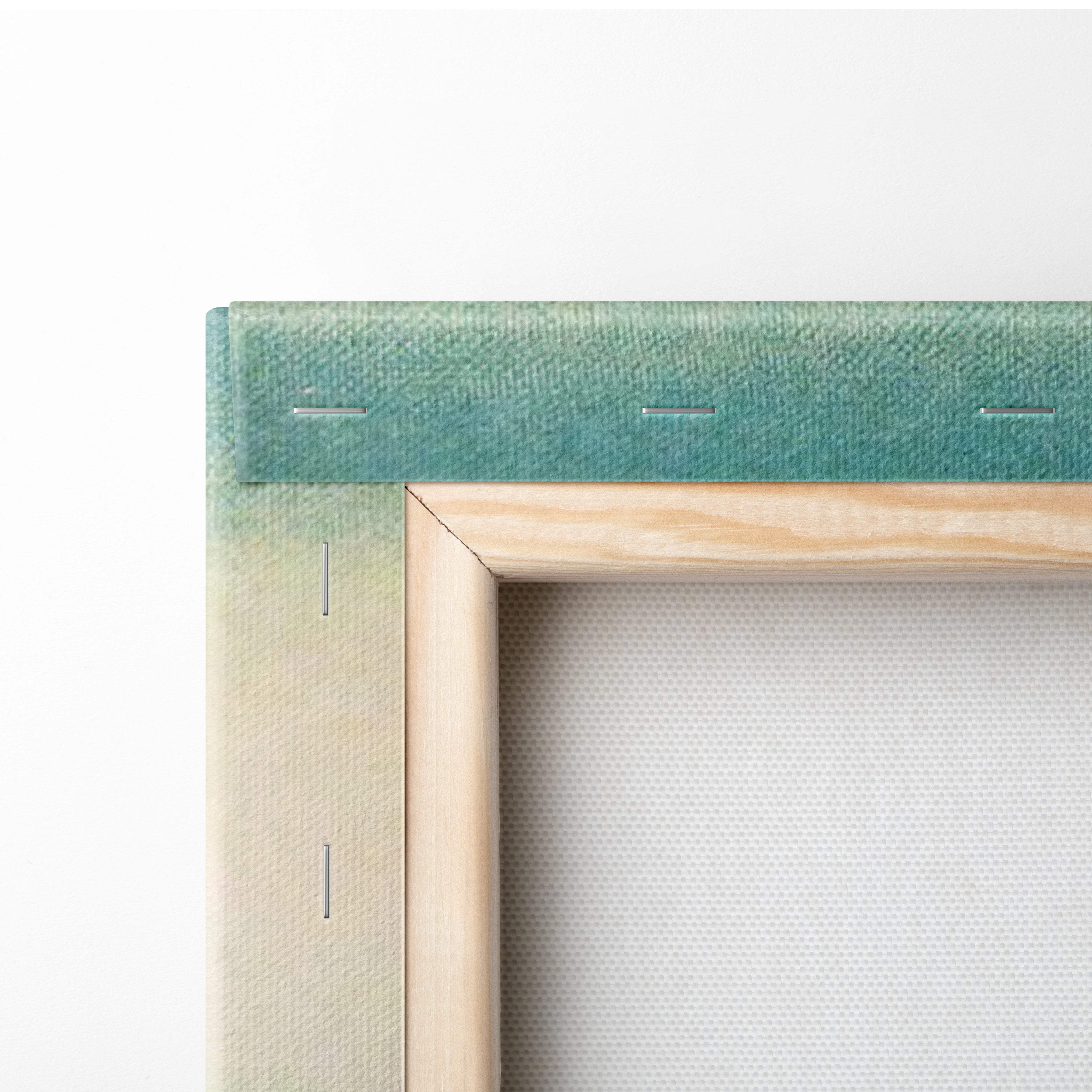 Vintage japanese lake landscape canvas wall art with light wood frame and textured green beige gradient border