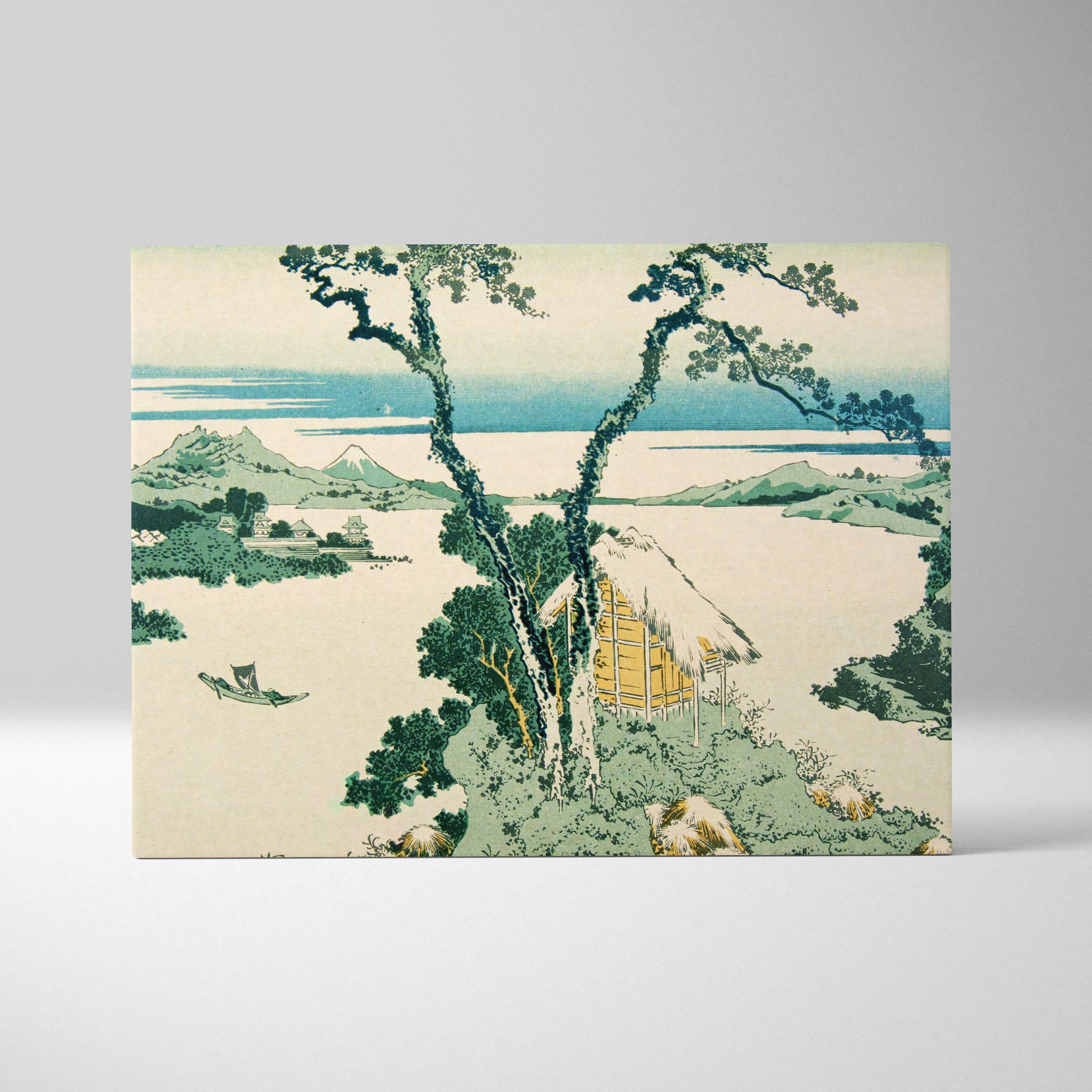 Rectangular canvas print of vintage japanese lake landscape in green and blue featuring a thatched hut and boat