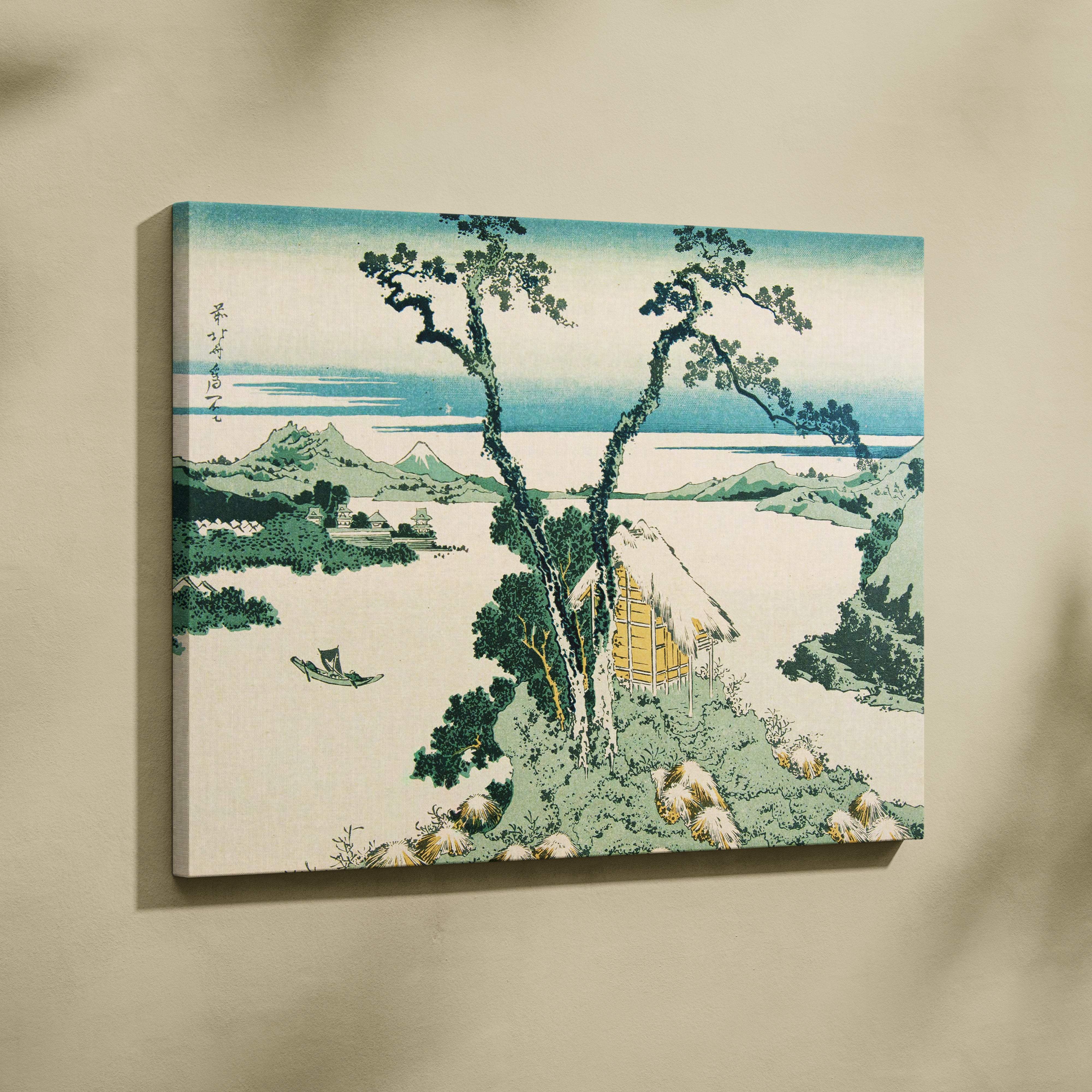 Vintage japanese lake landscape canvas wall art featuring green blue ukiyo-e painting of serene trees mountains and hut