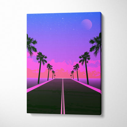 Retrowave neon palm highway canvas art print featuring a vibrant pink and purple retro road with palm trees under a starry sky