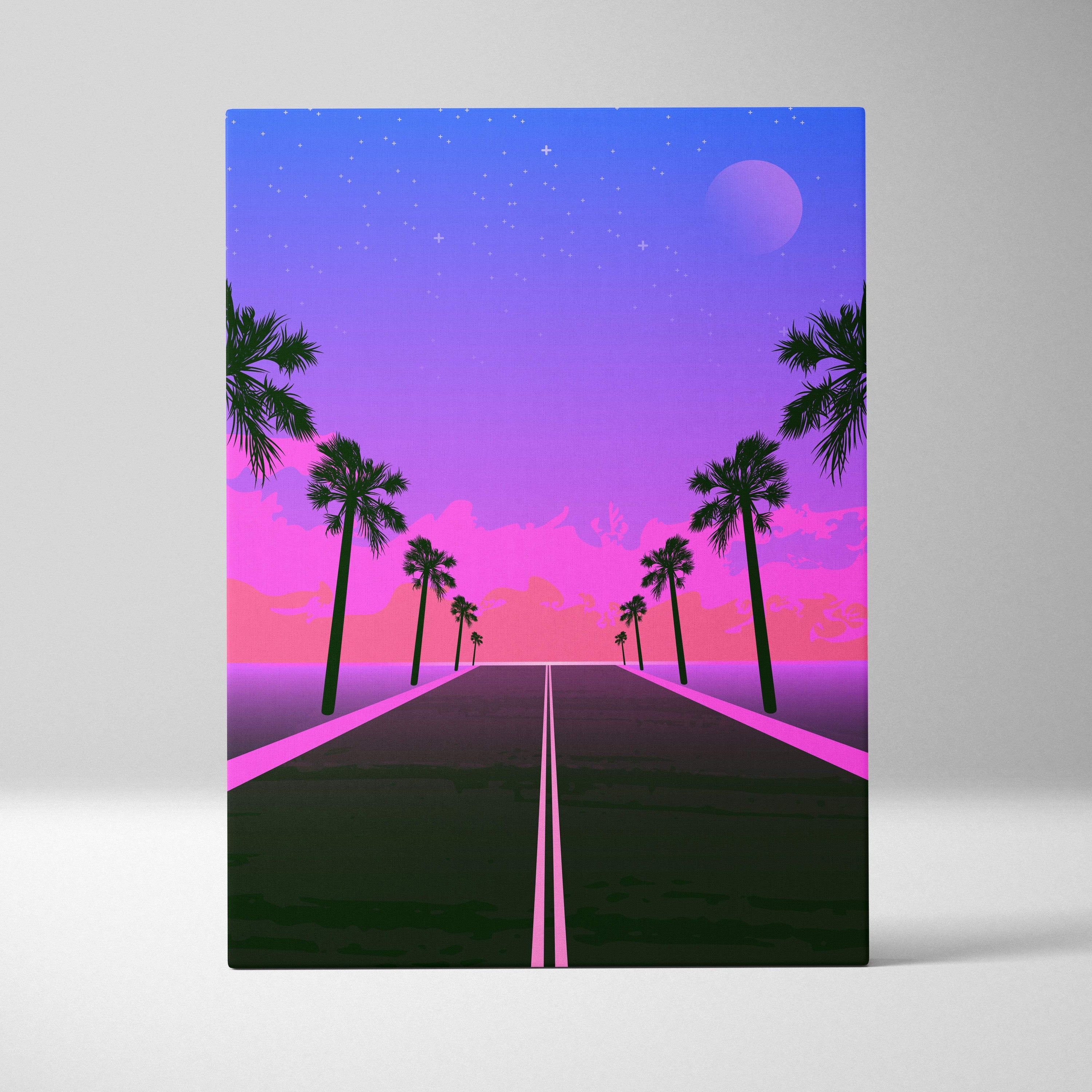 Vibrant neon pink and purple retro-style canvas print of a palm tree lined highway under a starry night sky