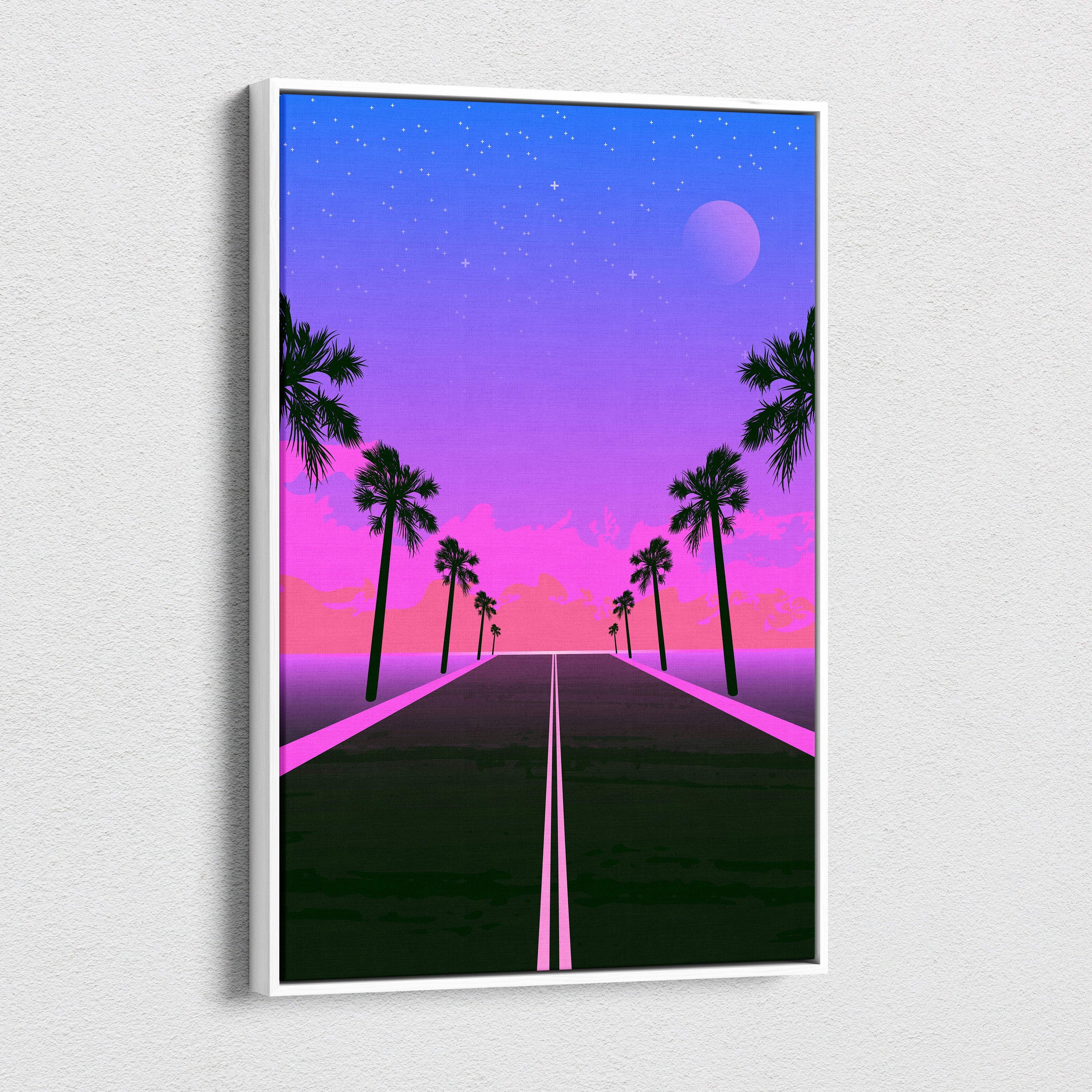 A framed digital art print of a vibrant retrowave neon palm highway with purple pink synthwave sunset sky