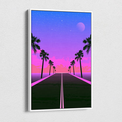 A framed digital art print of a vibrant retrowave neon palm highway with purple pink synthwave sunset sky