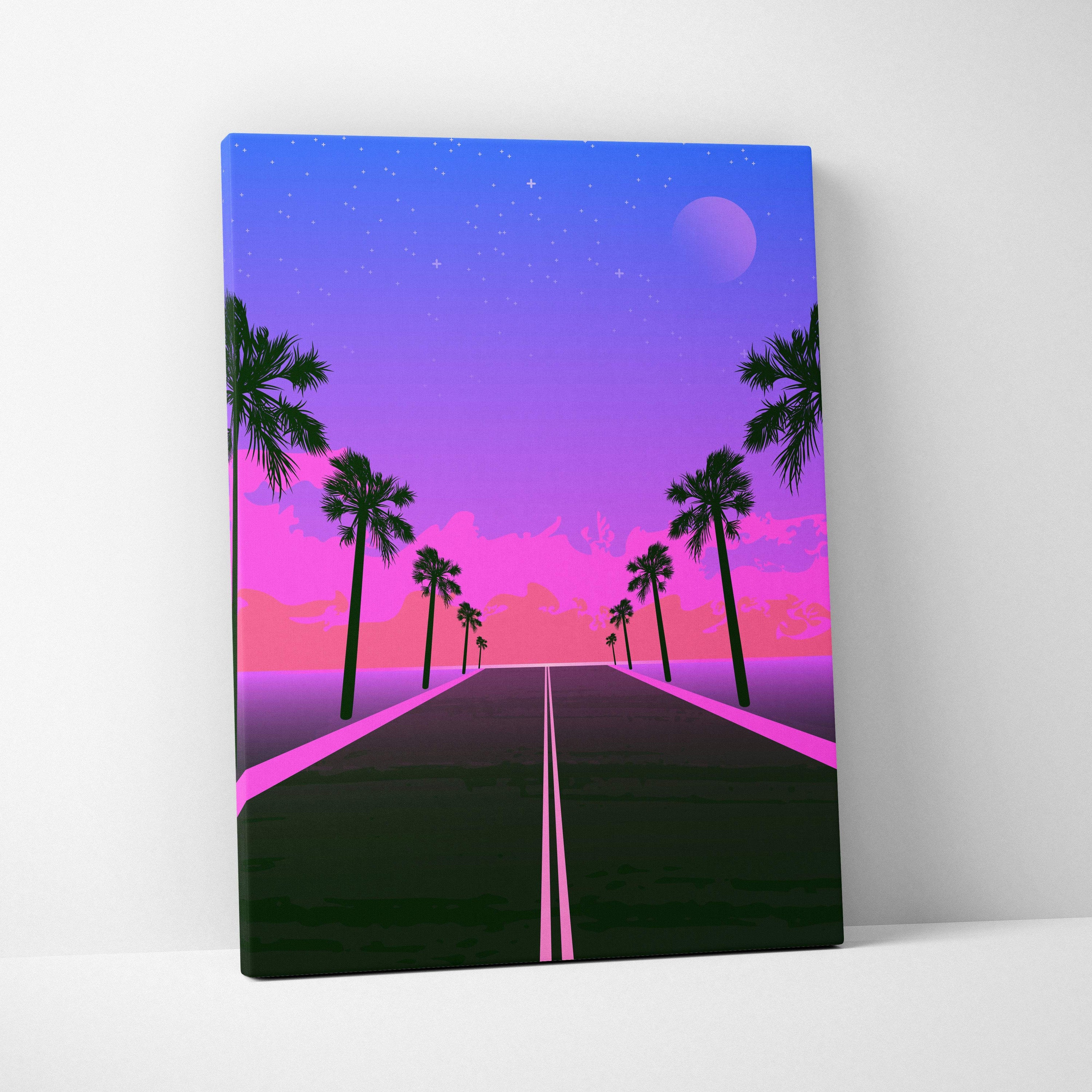 Retrowave neon palm highway canvas art print with vibrant pink and purple synthwave tropical nightscape design