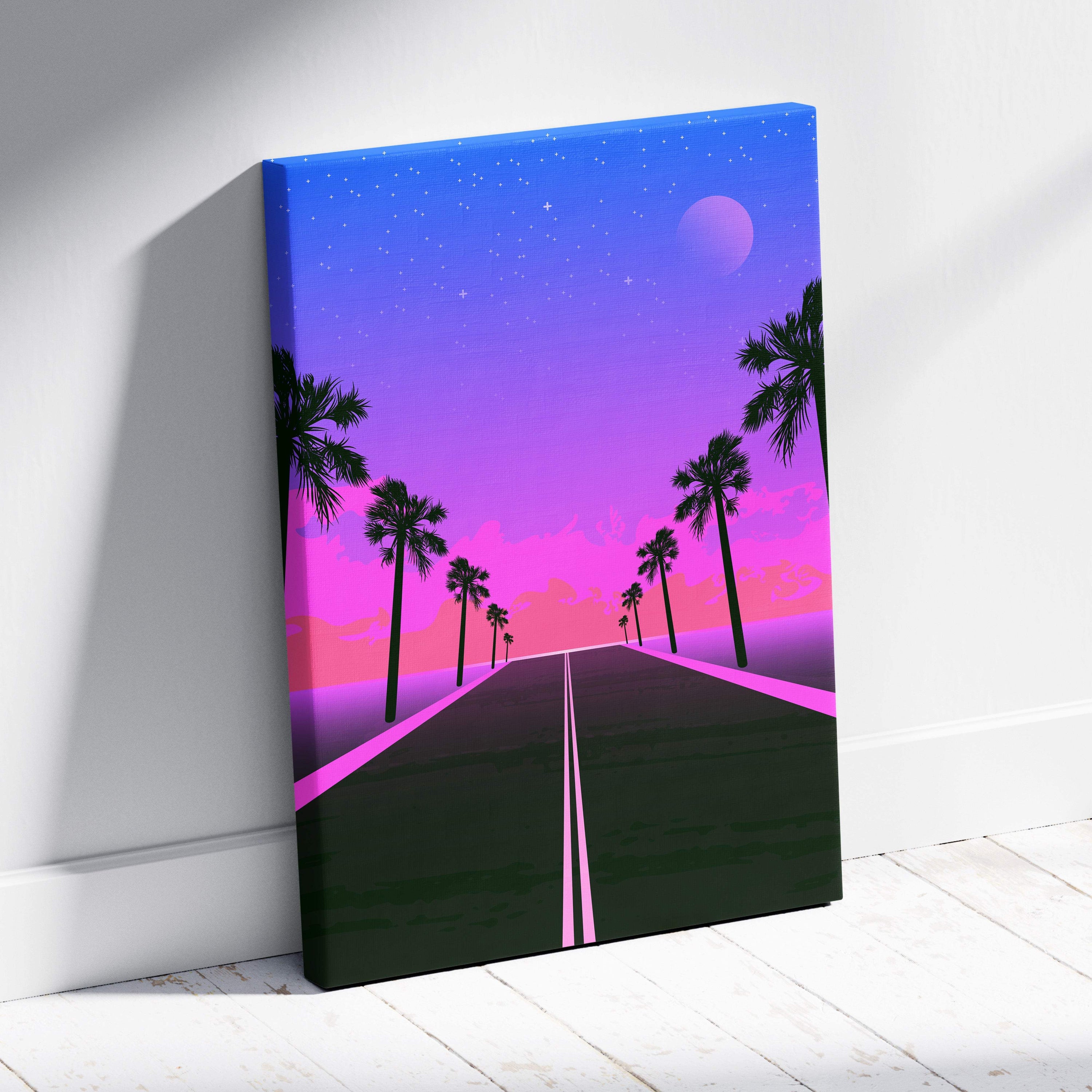 Vibrant retrowave neon palm highway canvas art print with pink and purple sunset over palm tree lined road under stars