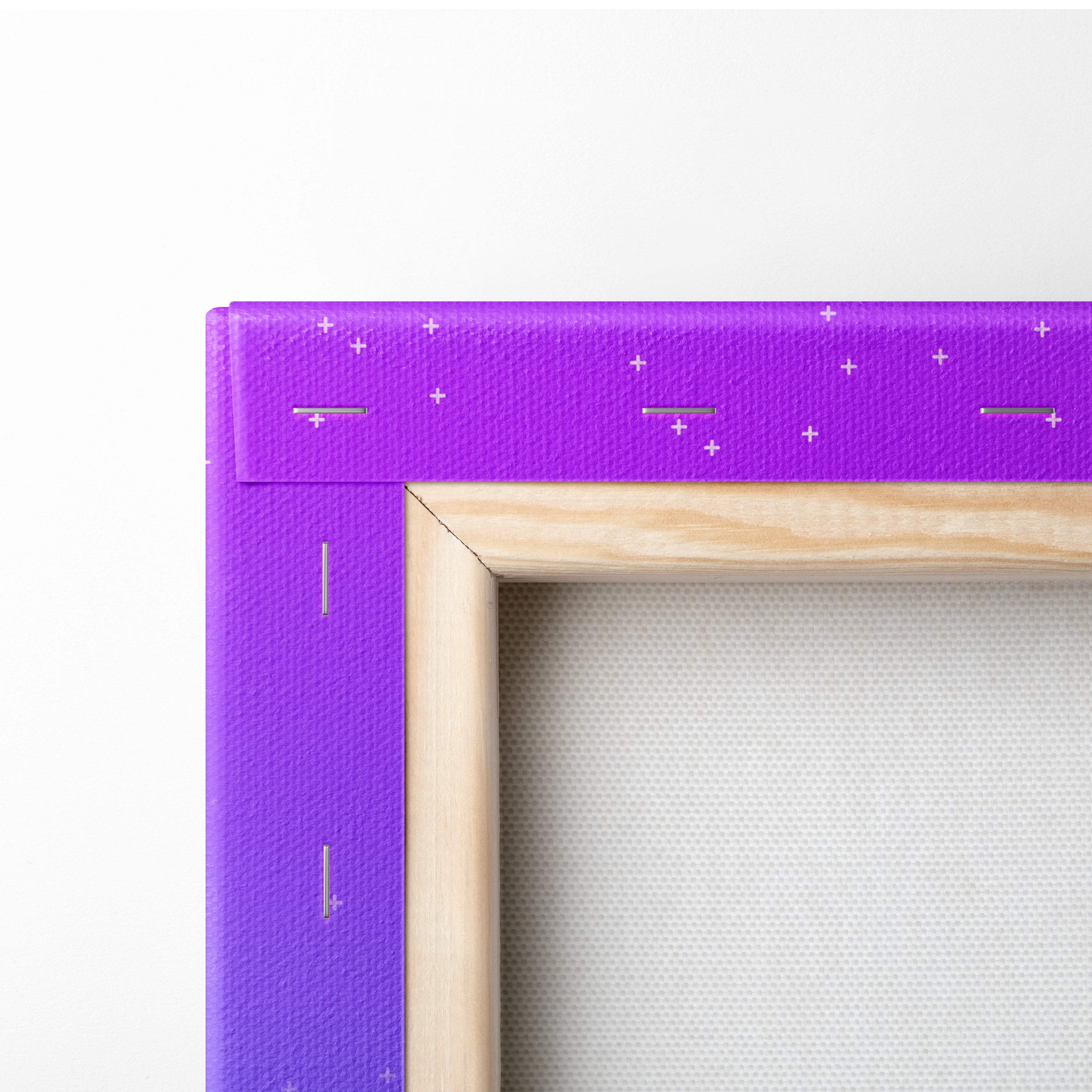Retrowave neon city road canvas art print with purple star patterned canvas and light wood trim for vaporwave decor