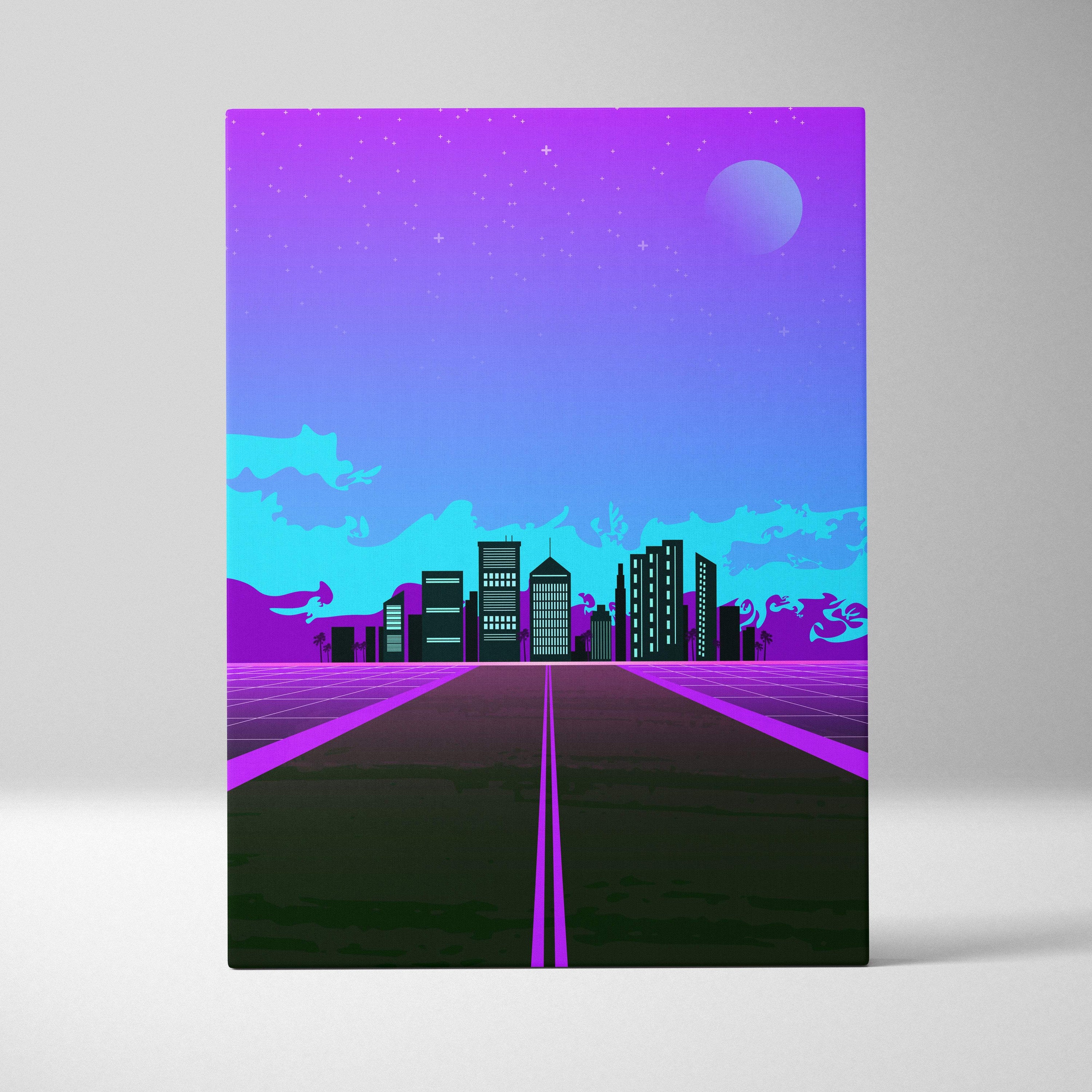 Vibrant neon purple and blue gradient canvas print featuring a futuristic cityscape with glowing grid lines