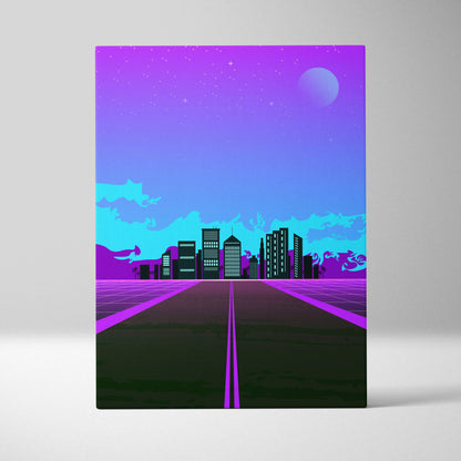 Vibrant neon purple and blue gradient canvas print featuring a futuristic cityscape with glowing grid lines