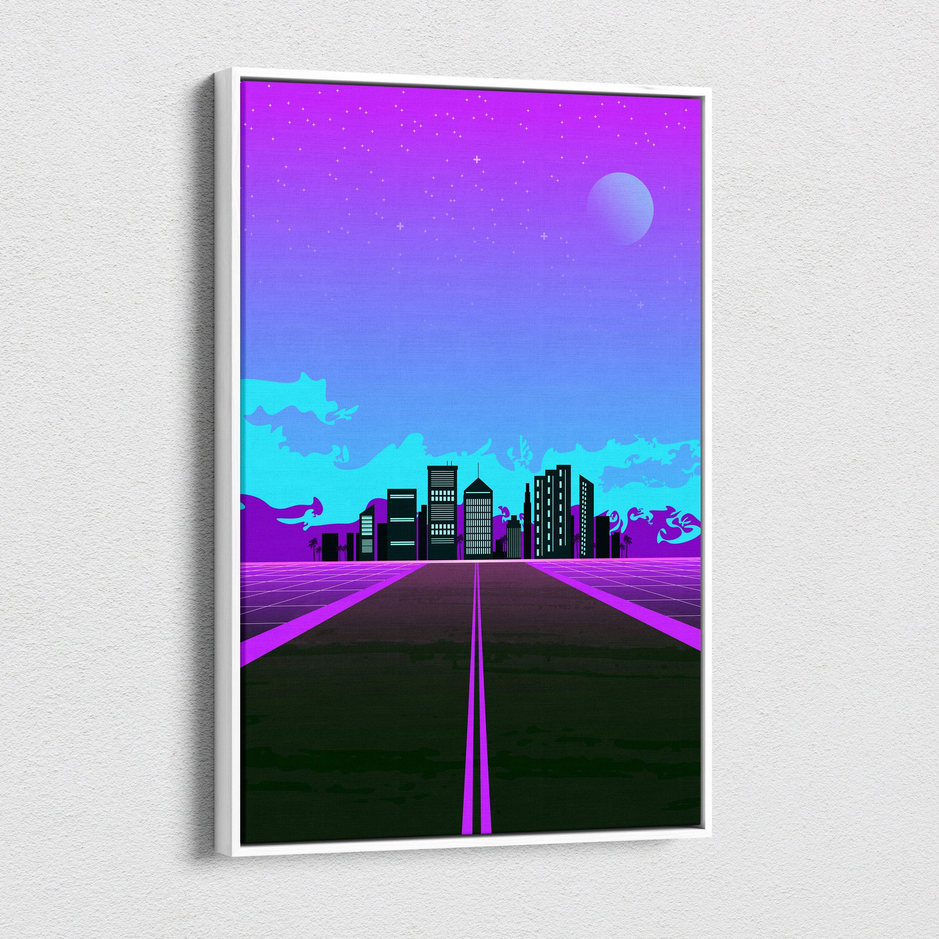 Retrowave neon city road canvas art print in a white frame featuring purple blue synthwave nightscape with glowing streetlights