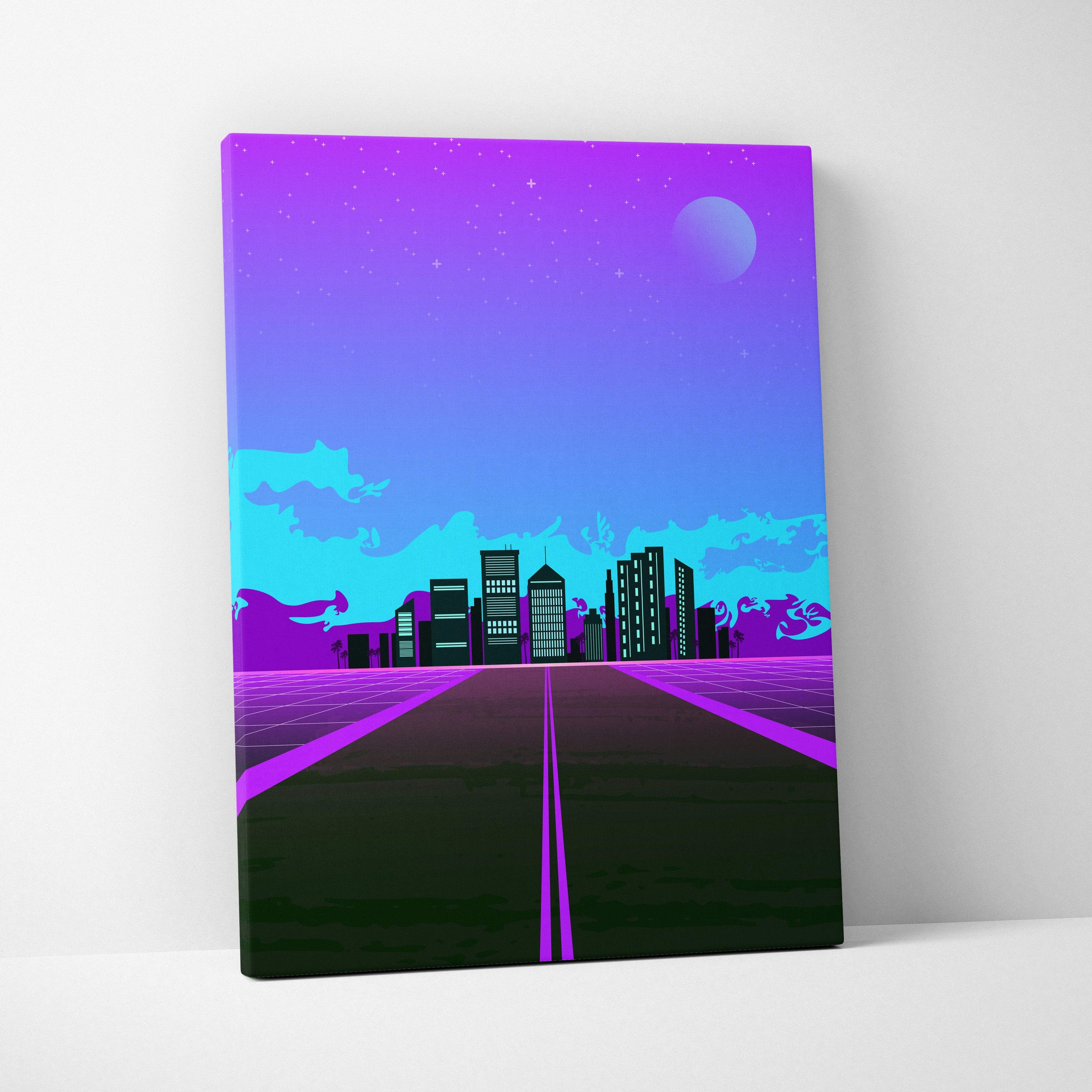Vibrant neon purple and blue retrowave neon city road canvas art print with glowing grid roads vaporwave skyline decor