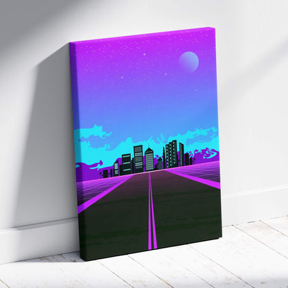 Vibrant neon purple and blue retrowave neon city road canvas art print with glowing grid lines and vaporwave skyline decor