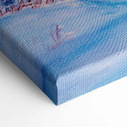 Winter sunrise forest painting style blue textured canvas print with abstract brushstrokes and subtle red accents