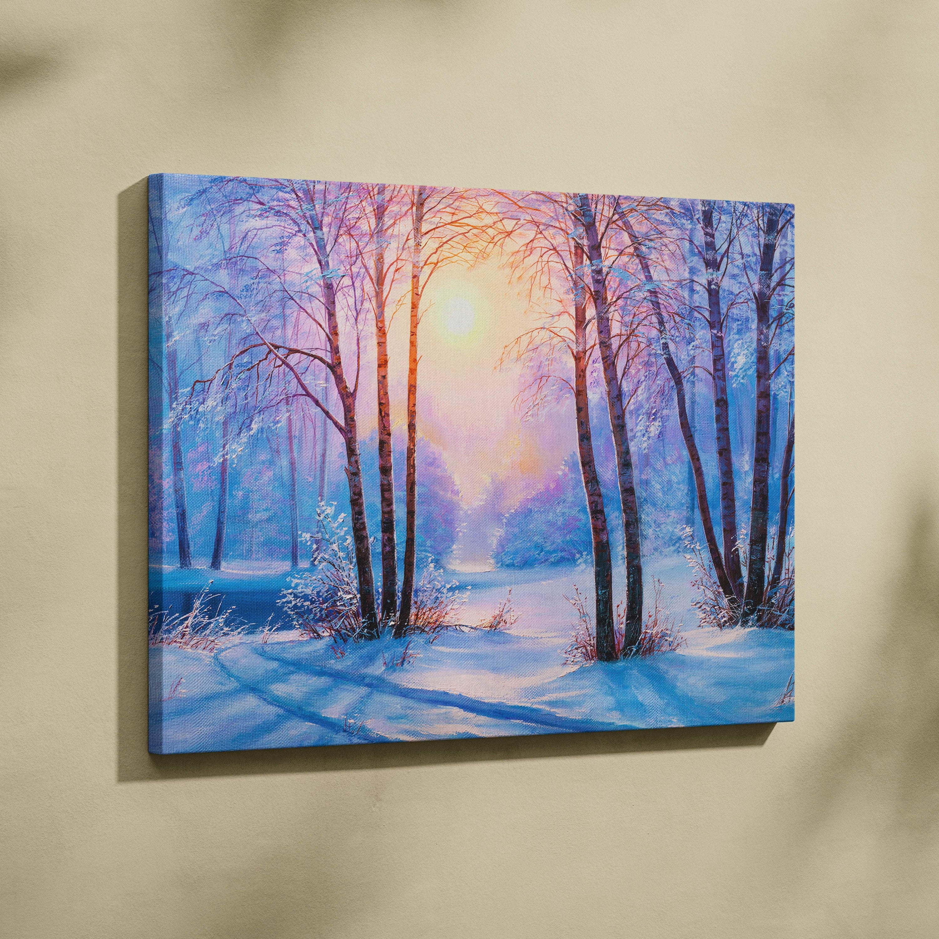 Winter sunrise forest painting style wall art canvas print of snowy birch trees with soft blue purple and orange hues