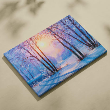 Rectangular canvas print of a winter sunrise forest scene with snowy birch trees and soft pastel purple and orange sky