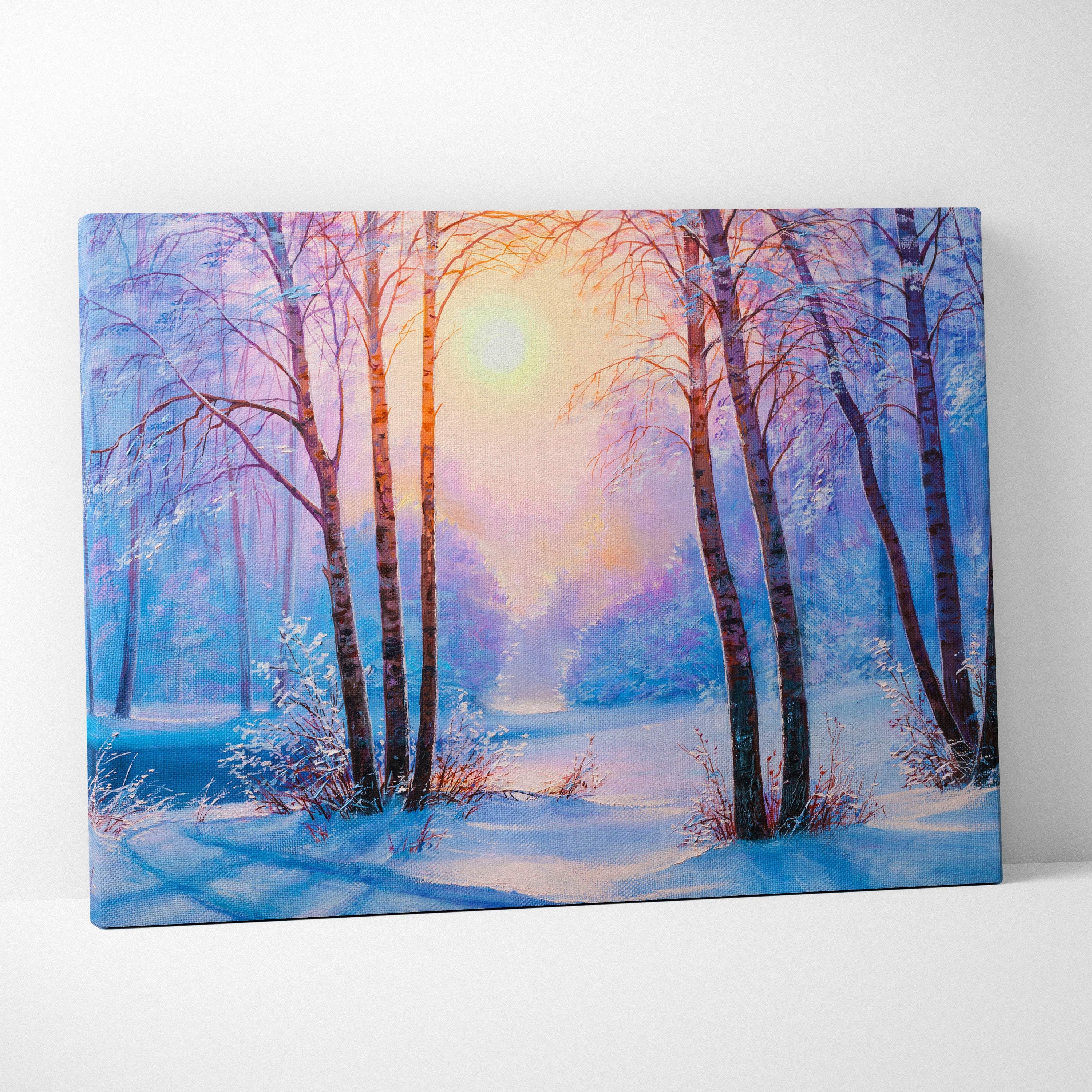 Rectangular canvas painting of a snowy birch forest under a soft glowing sunset sky winter sunrise wall art