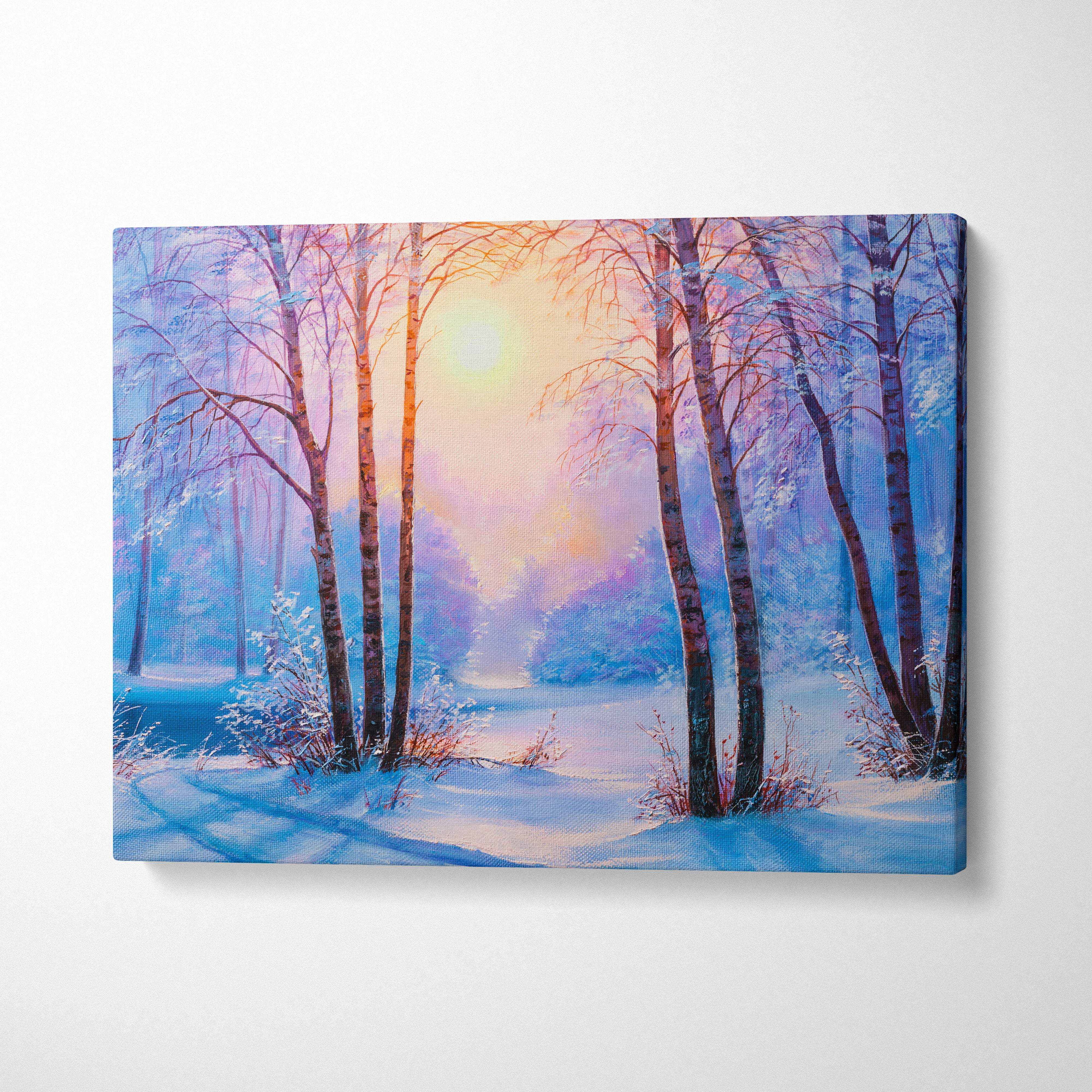 Winter sunrise forest canvas wall art featuring snow-covered birch trees in soft purple and orange twilight hues