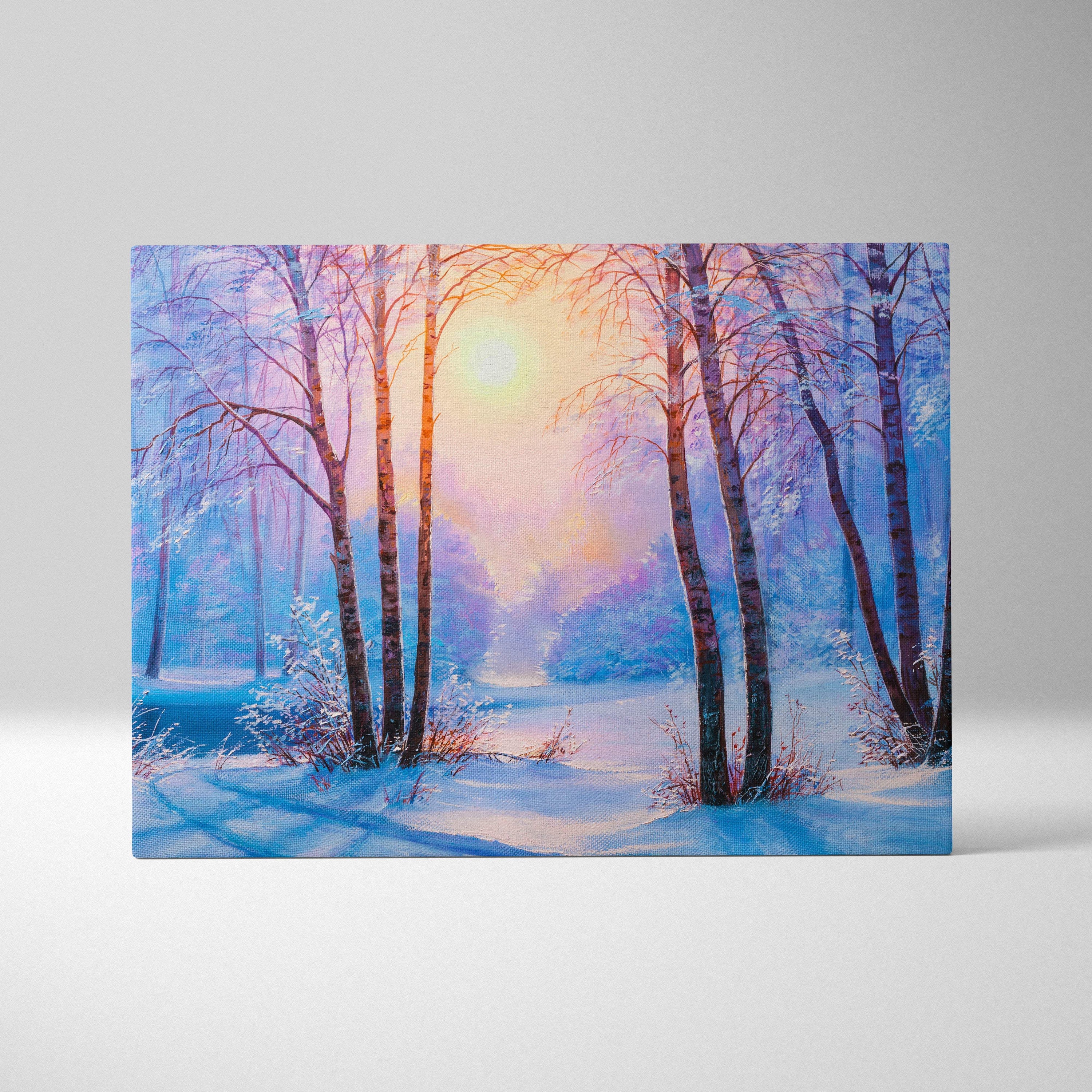 Rectangular canvas print of a winter sunrise forest with snow-covered birch trees and soft pastel light landscape