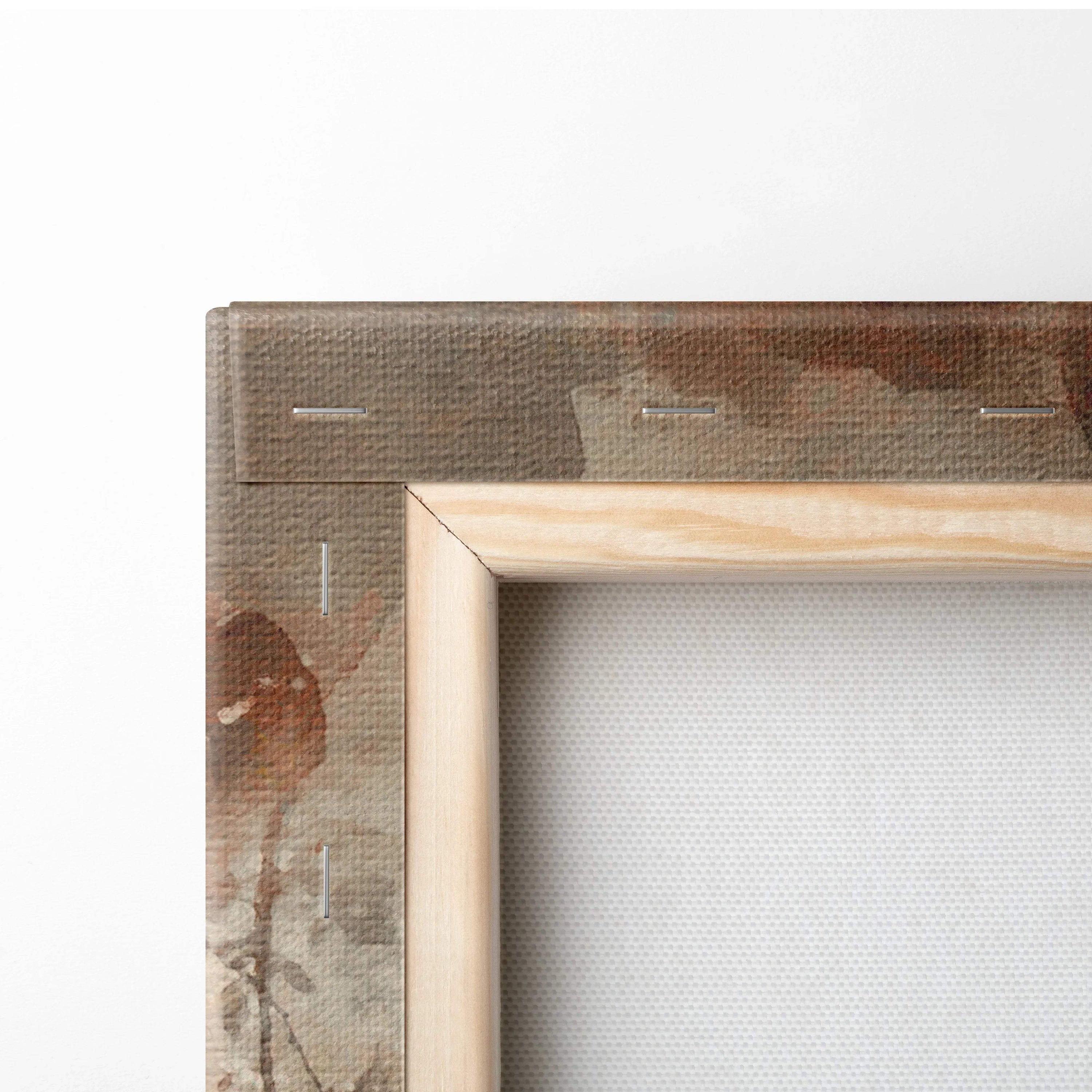 Back of autumn forest watercolor canvas art with light wood frame and earthy paint splatters