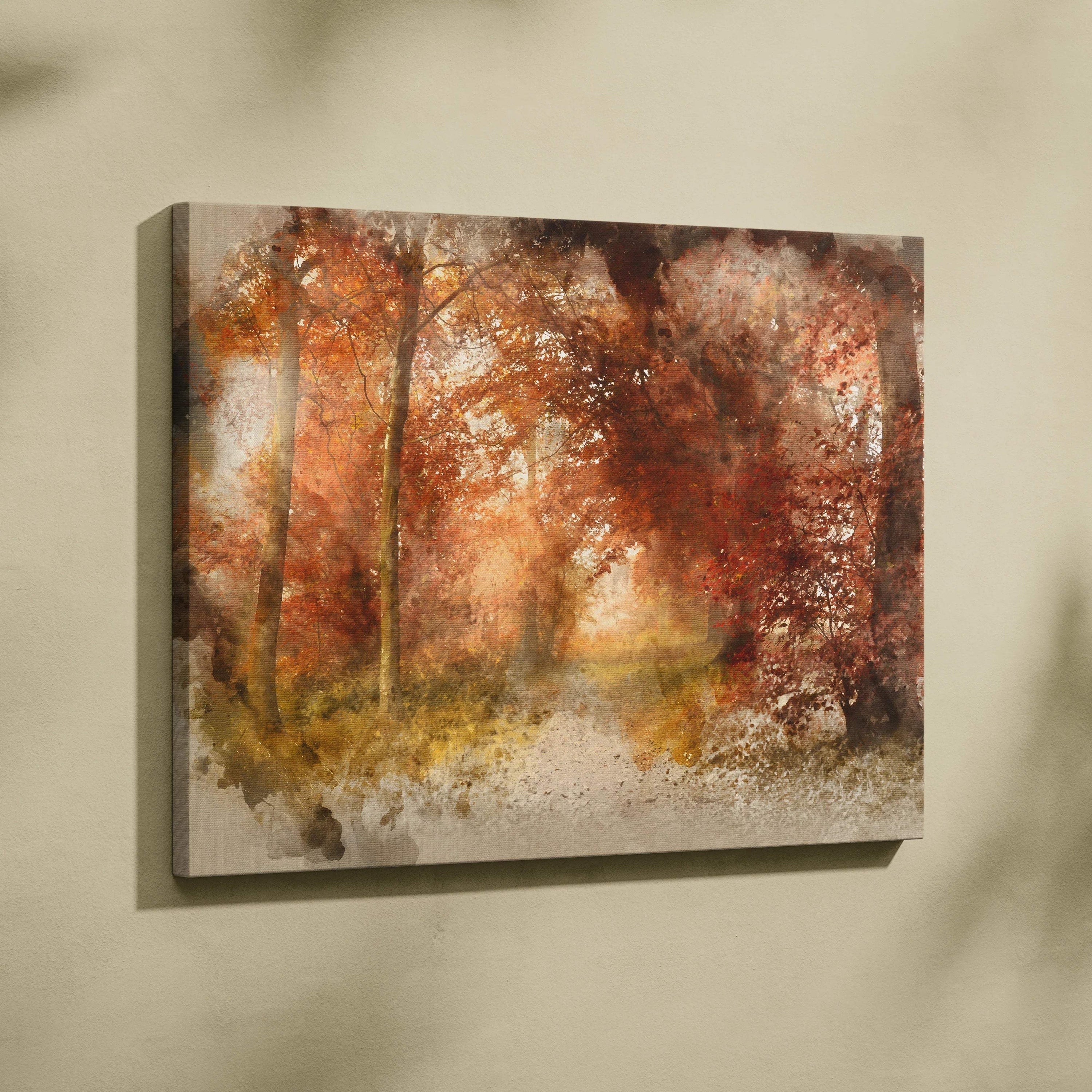 Autumn forest watercolor canvas wall art in warm amber rust golden tones