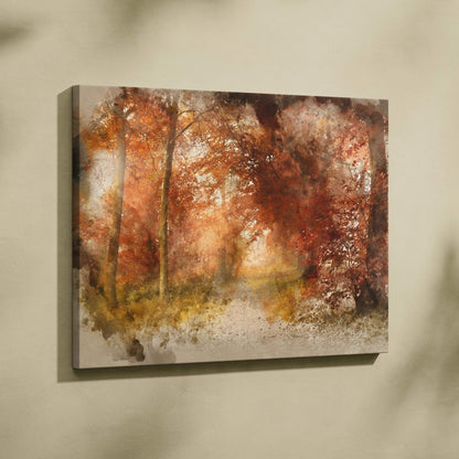 Autumn forest watercolor canvas wall art in warm amber rust golden tones