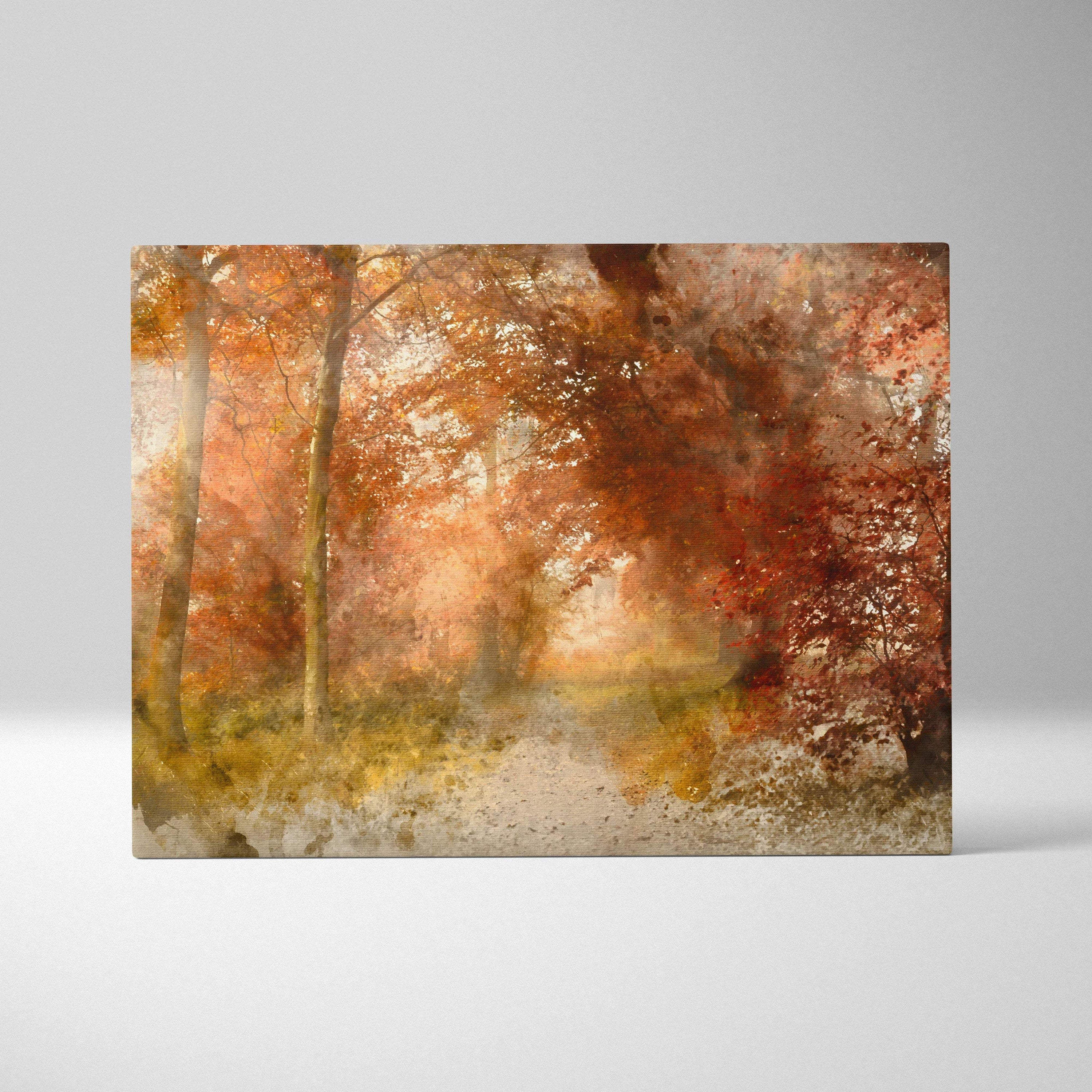 Autumn forest watercolor canvas wall art in warm amber rust golden tones