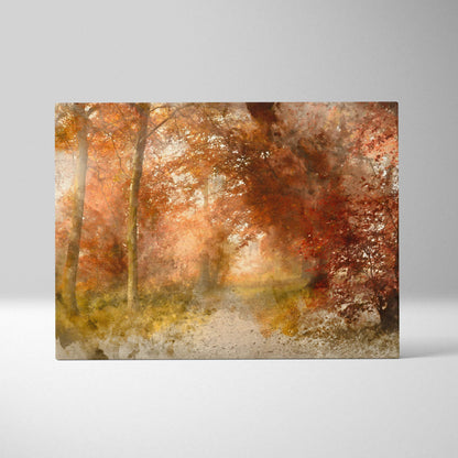 Autumn forest watercolor canvas wall art in warm amber rust golden tones