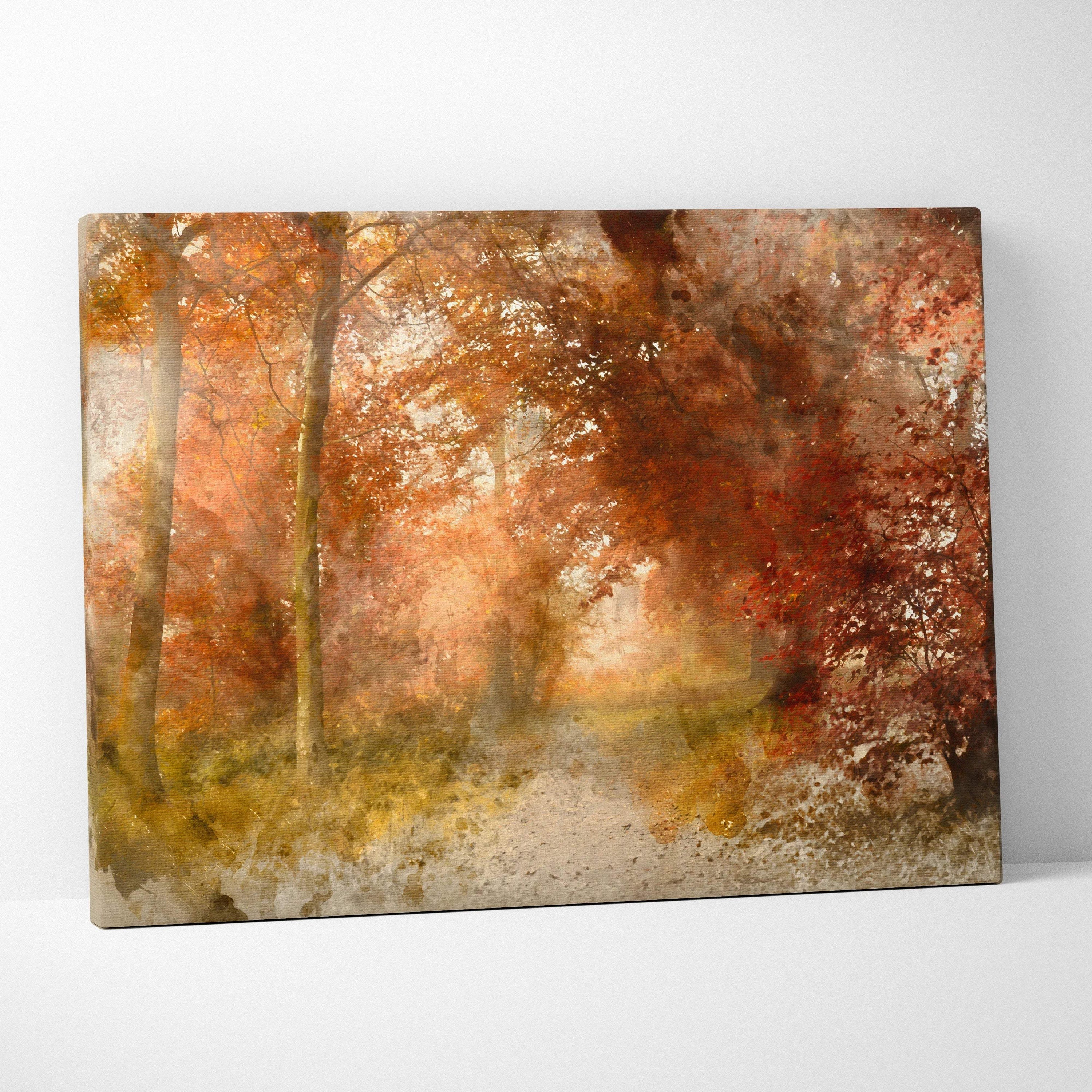 Autumn forest watercolor canvas wall art in warm amber rust golden tones