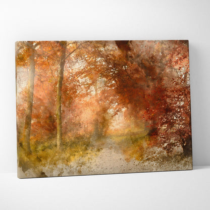 Autumn forest watercolor canvas wall art in warm amber rust golden tones