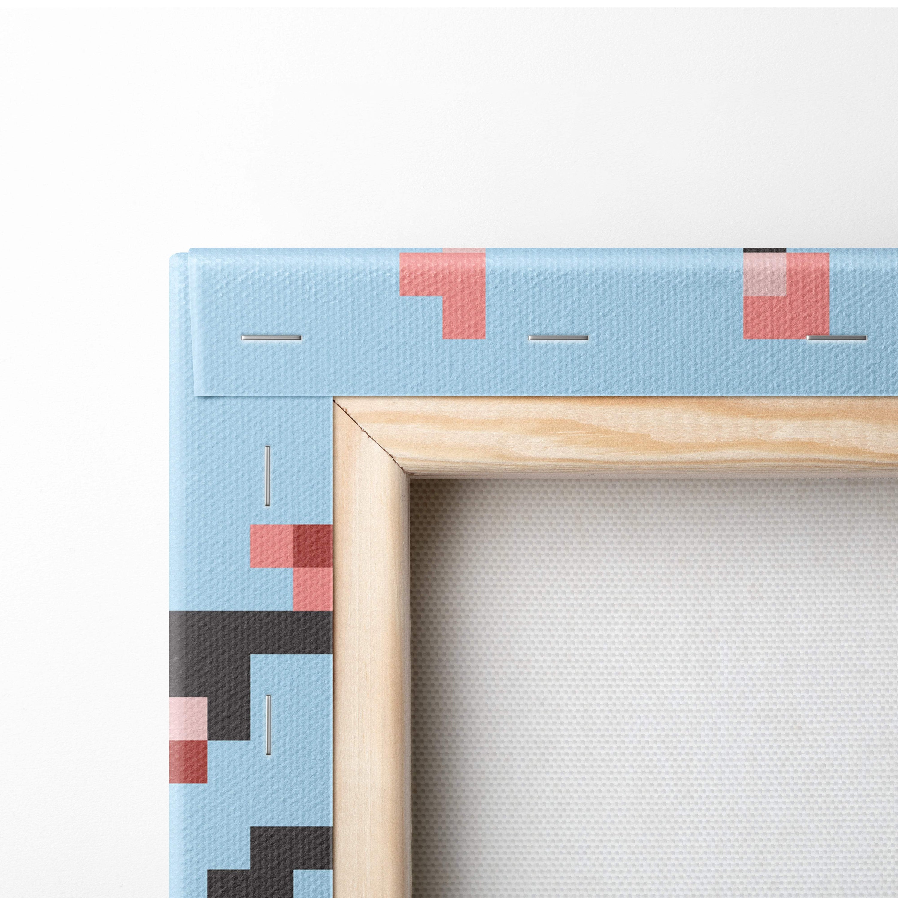 Cherry blossom mountain pixel art canvas print with light blue background red and black blocks natural wood frame
