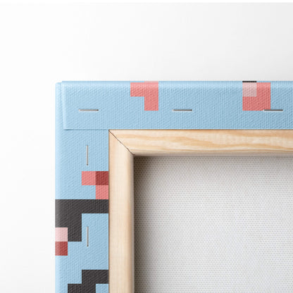 Cherry blossom mountain pixel art canvas print with light blue background red and black blocks natural wood frame
