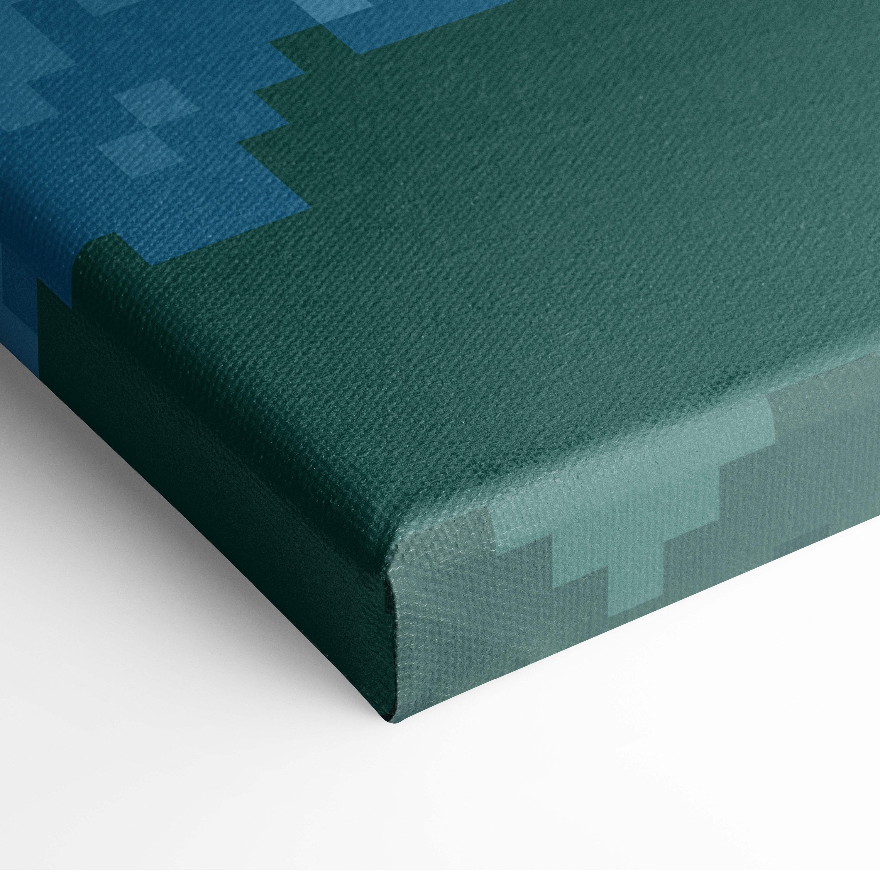 A pixelated canvas print of cherry blossom mountain featuring deep teal and navy blue minecraft-style landscape artwork