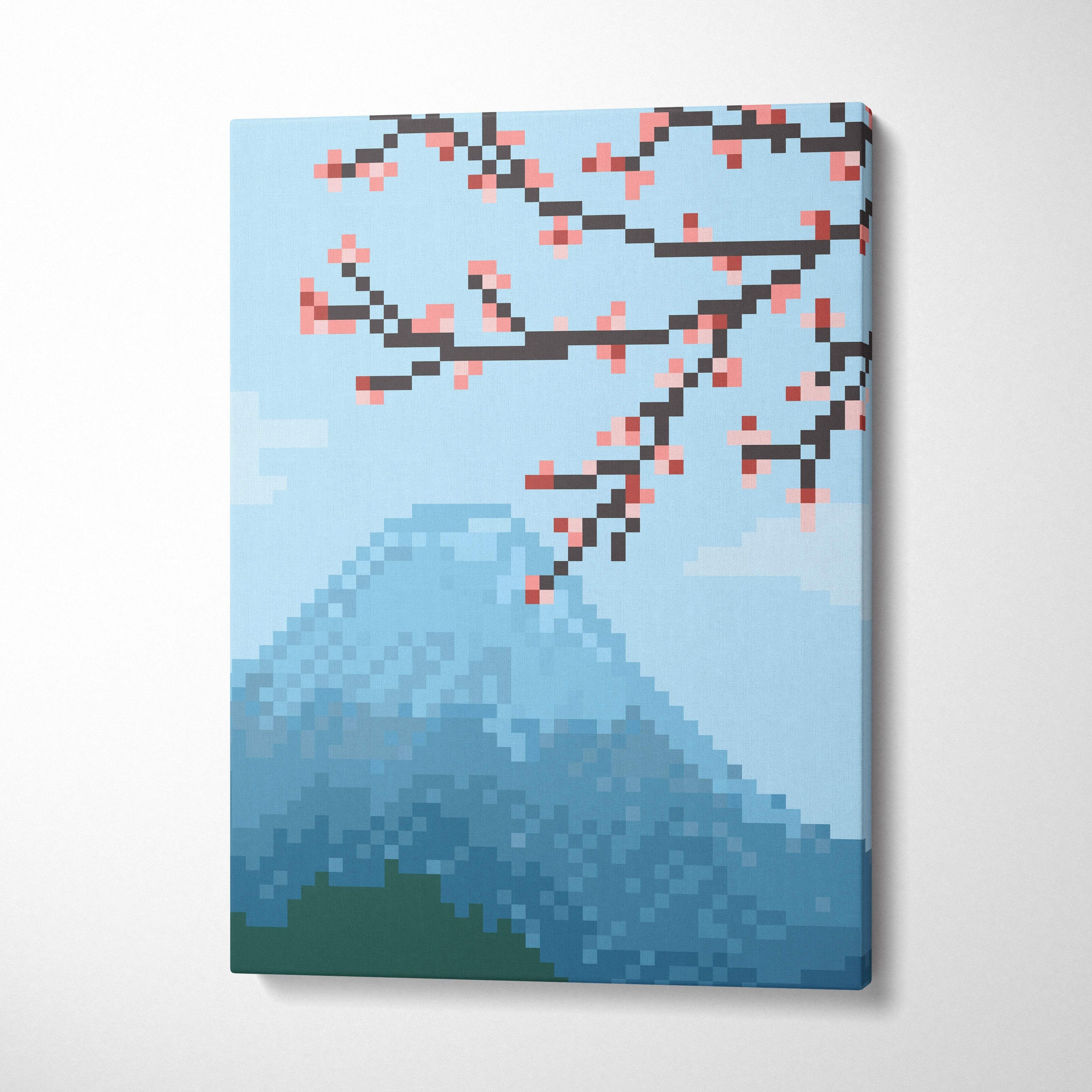 Pixel art canvas print of cherry blossoms above a stylized mountain in soft blue and pink for serene wall decor