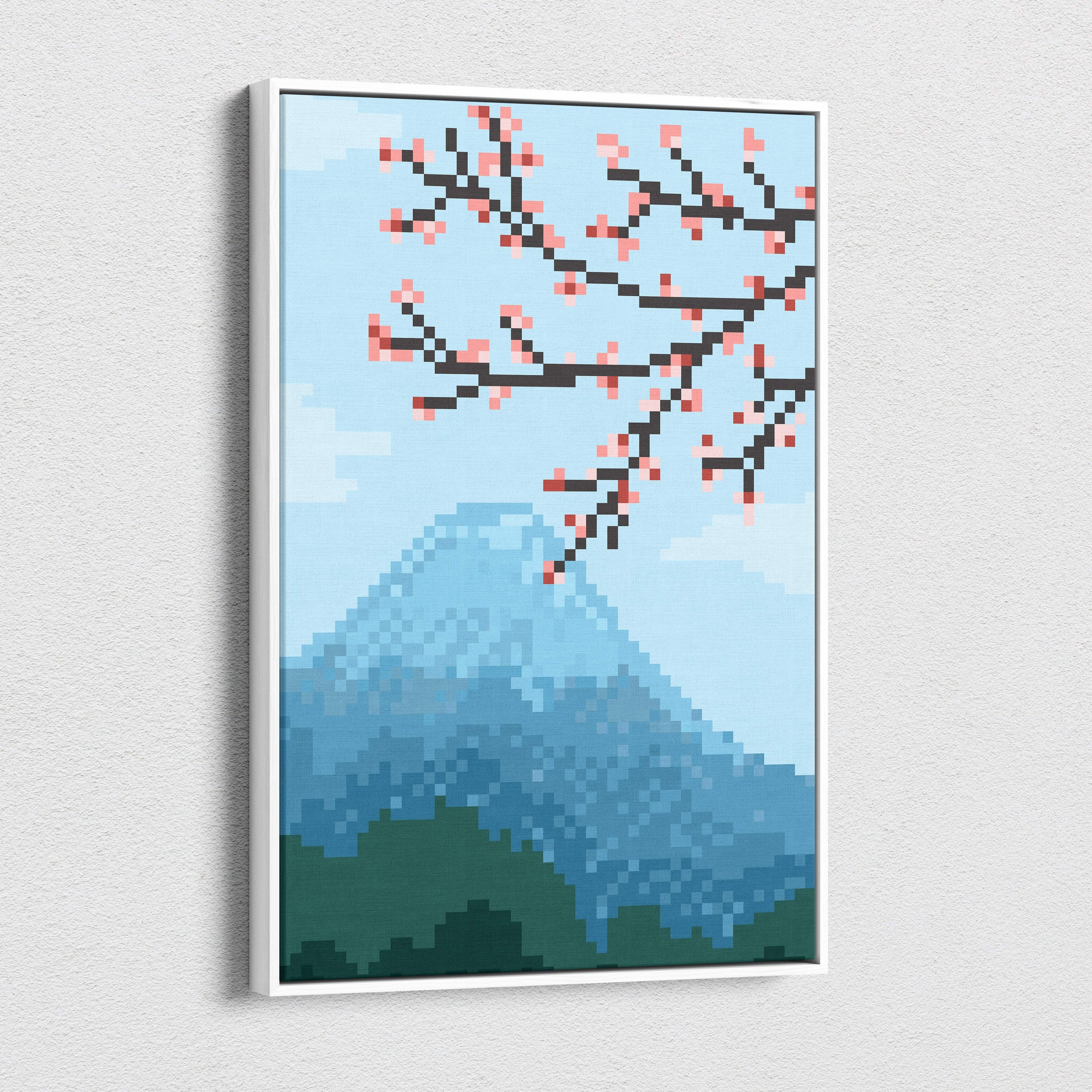 Pixel art framed canvas print of mount fuji with pink cherry blossoms against a light blue sky in retro style