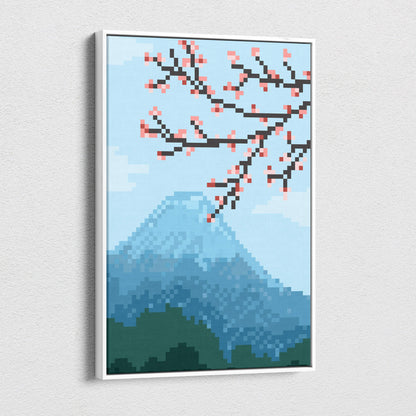 Pixel art framed canvas print of mount fuji with pink cherry blossoms against a light blue sky in retro style