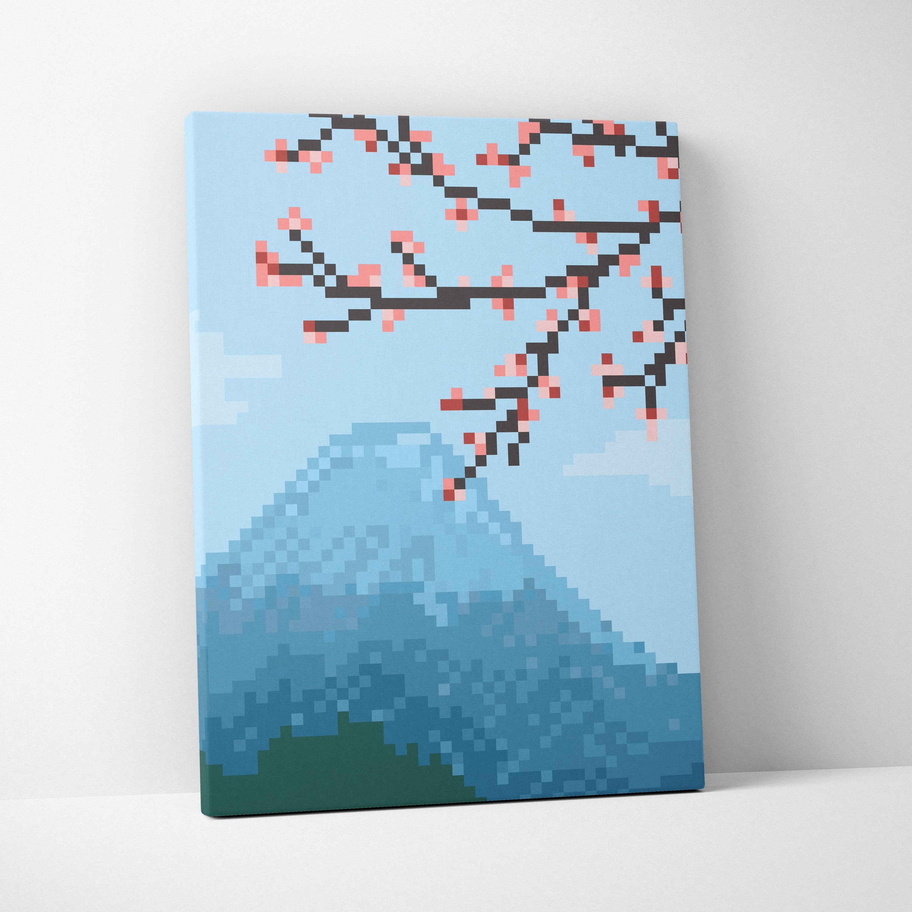 Pixel-art canvas print of mount fuji with cherry blossoms in soft blue and pink tones japanese landscape wall art