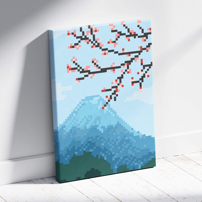 Pixel art canvas print of mount fuji with cherry blossoms in soft blue and pink hues serene japanese landscape decor