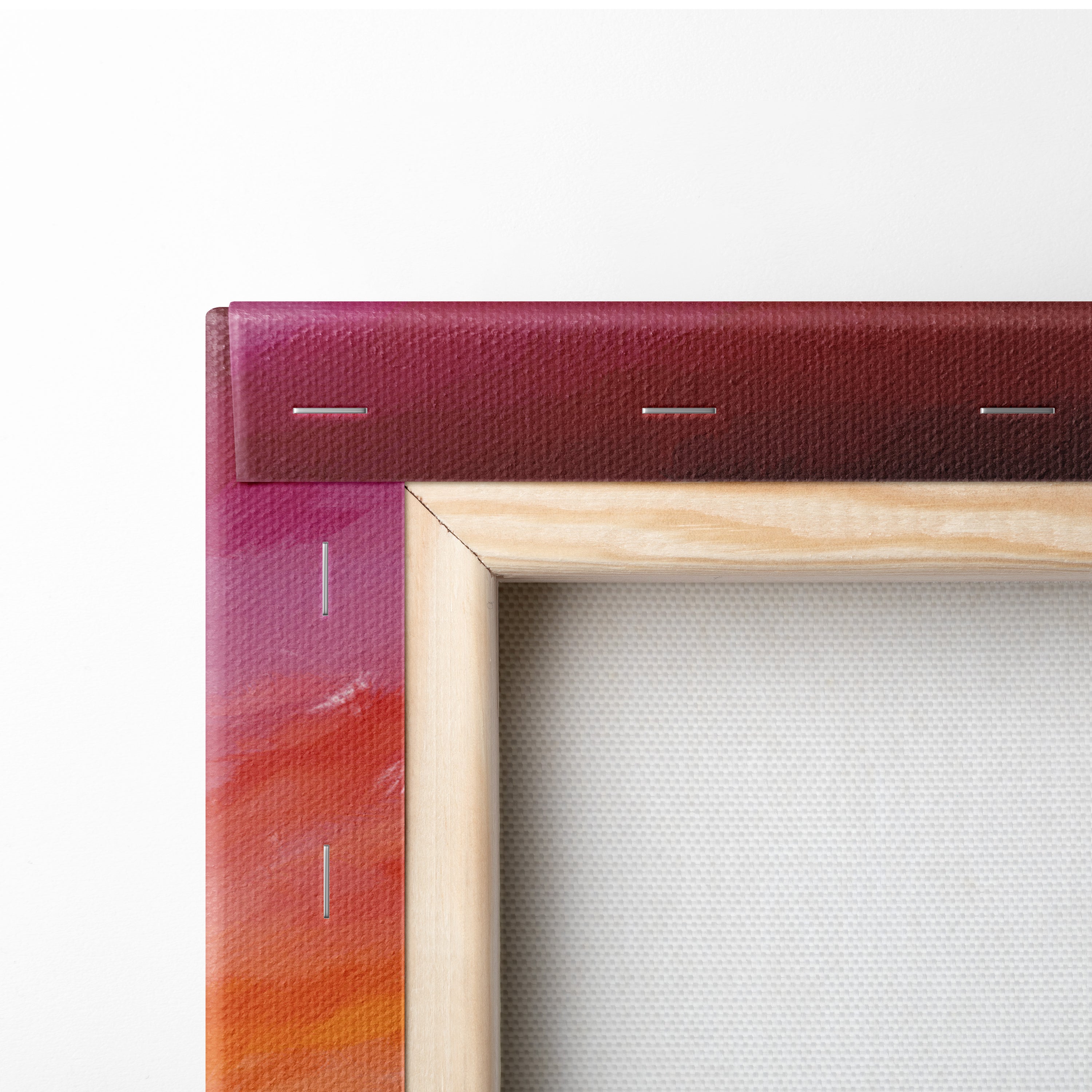 Fiery sunset dancer canvas wall art print with vibrant red to orange gradient, light wood frame, and stitched edges