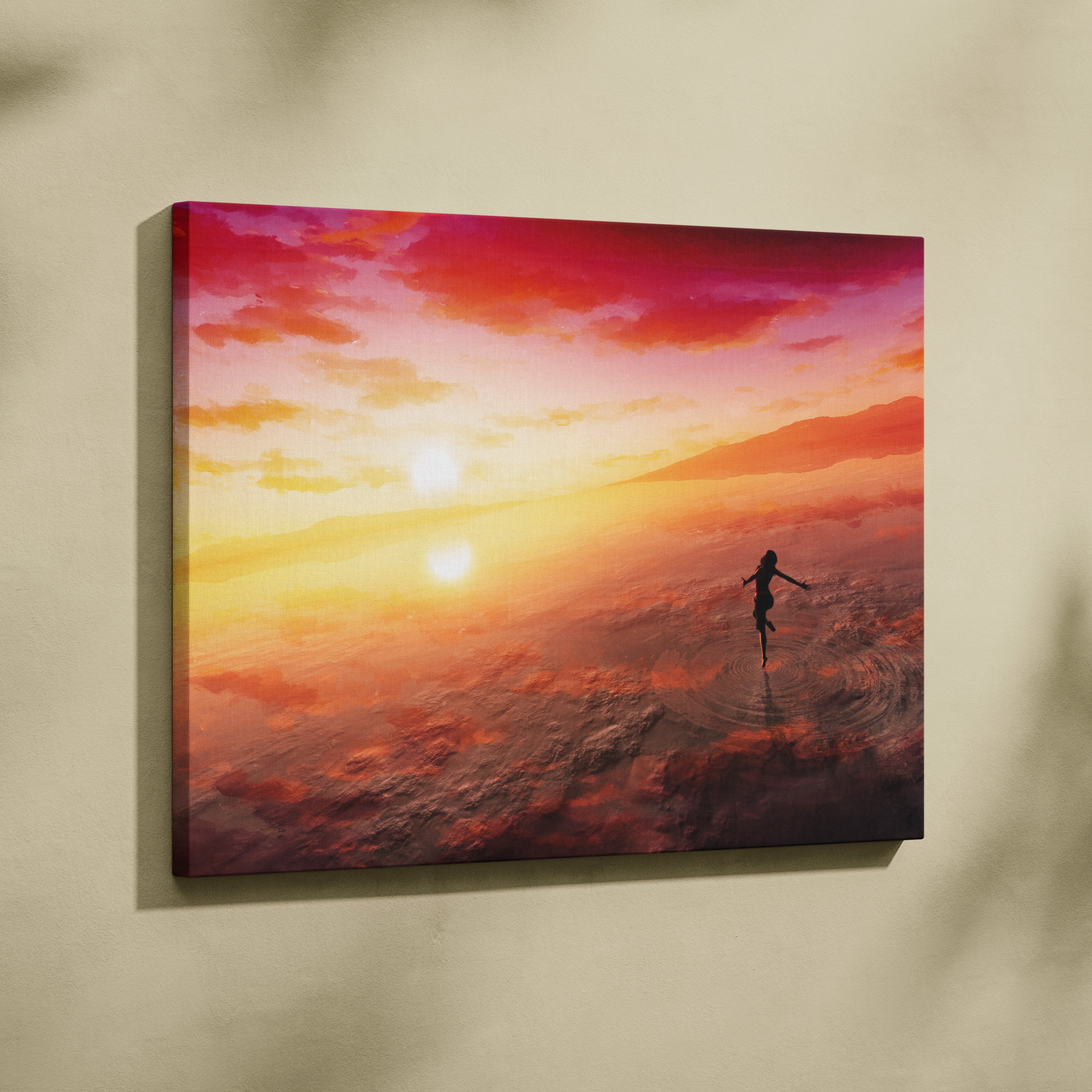 Vibrant canvas wall art print of a silhouette jumping against a fiery orange red sunset for warm boho bedrooms