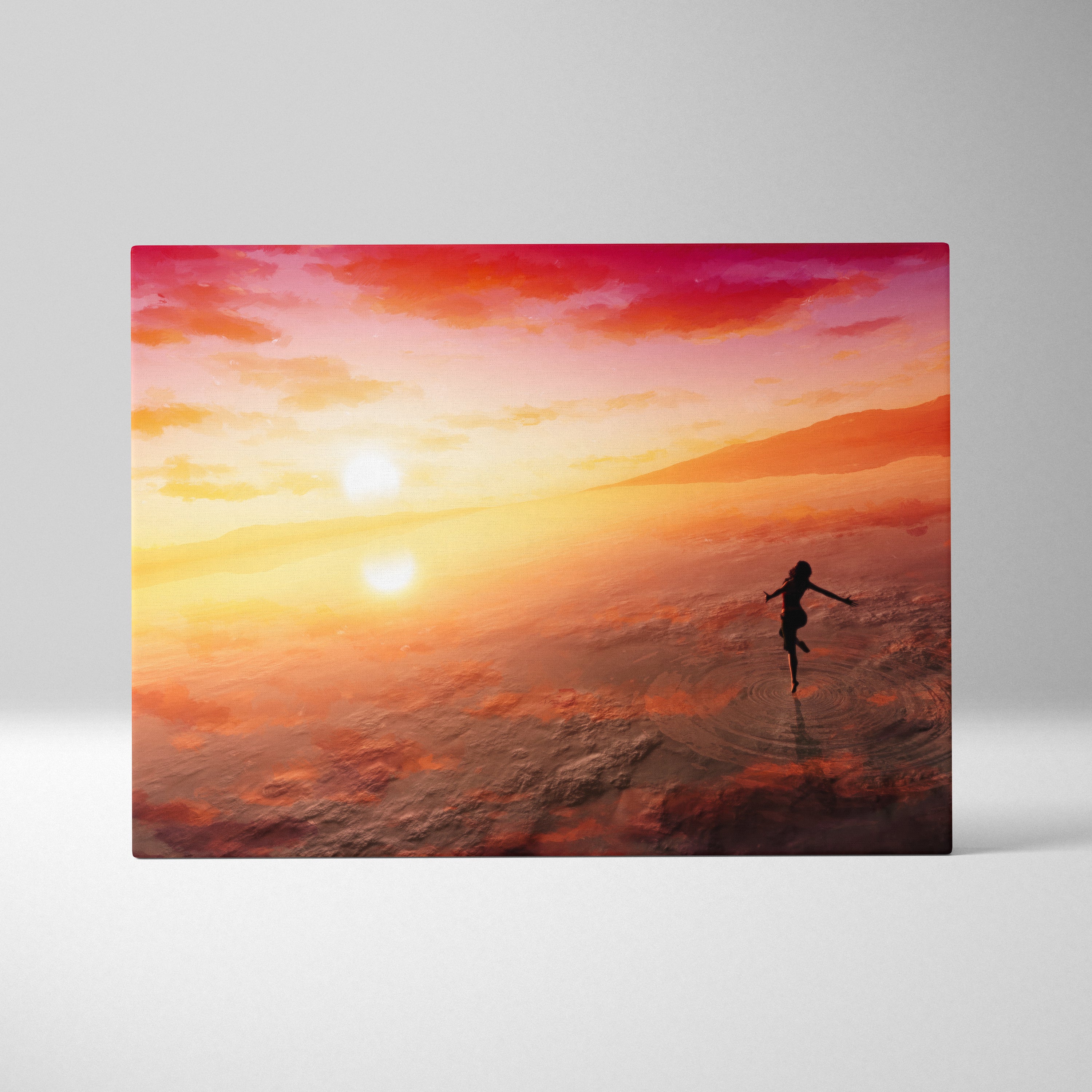 Rectangular canvas print of a person jumping silhouette against an orange red fiery sunset for boho bedroom decor