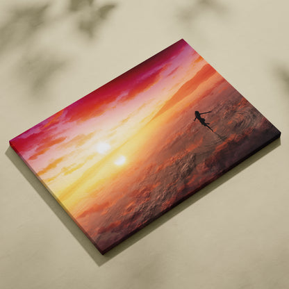 Fiery sunset dancer canvas wall art print featuring a silhouette soaring through red orange and yellow sunset sky