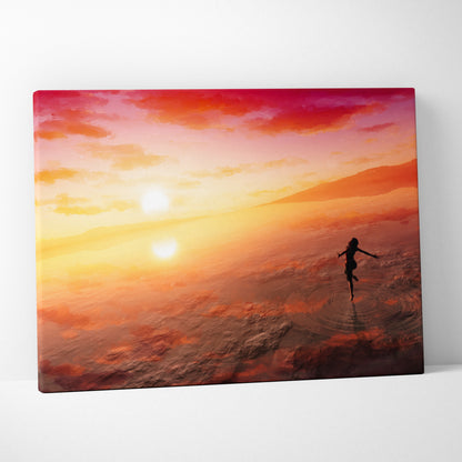 Fiery sunset dancer canvas print with silhouette running across water under vibrant orange pink and yellow sky