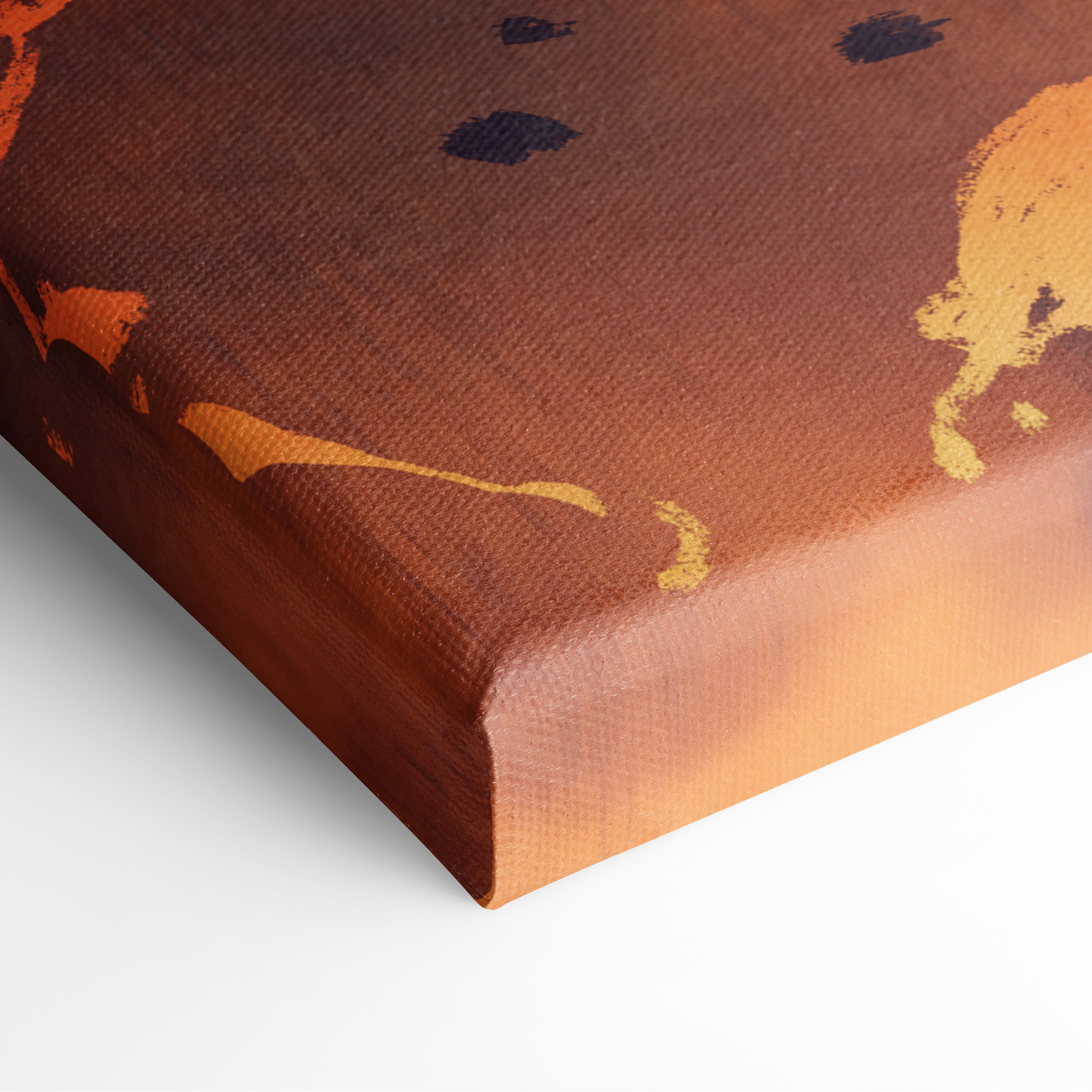 Fiery angel wings canvas wall art print with abstract orange and dark blue paint splatters on brown canvas