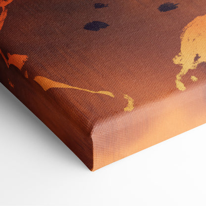 Fiery angel wings canvas wall art print with abstract orange and dark blue paint splatters on brown canvas