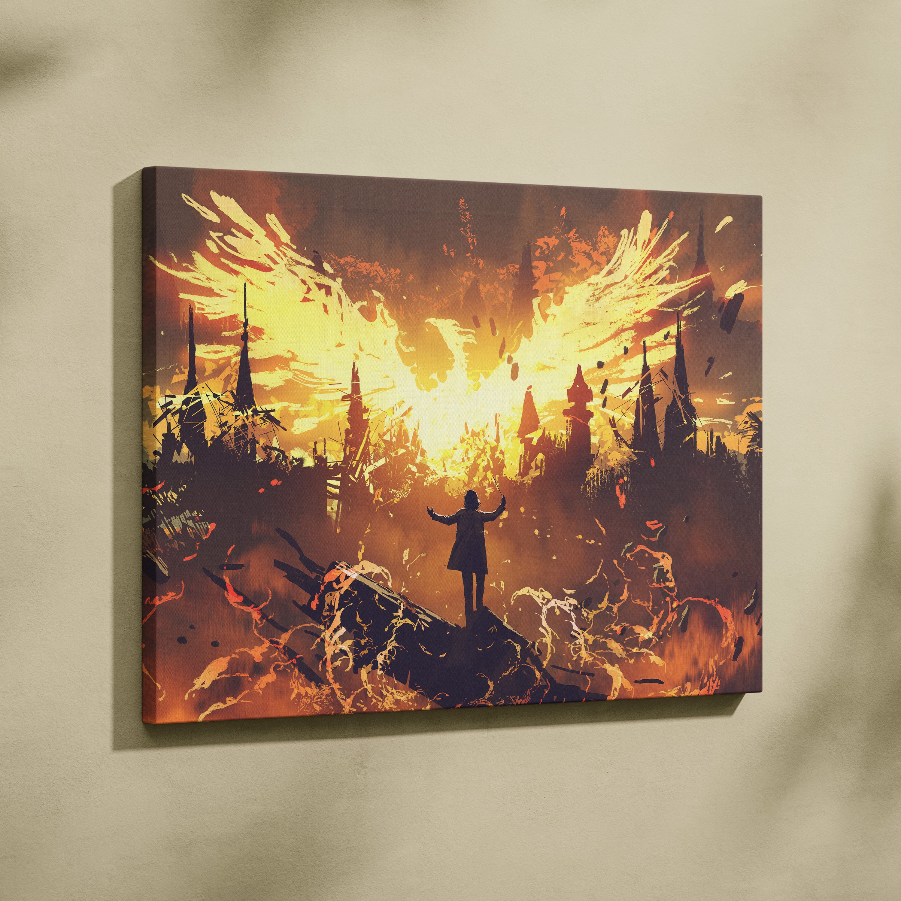 Fiery angel wings canvas wall art print featuring a lone figure before a golden orange sky for gothic bedroom decor