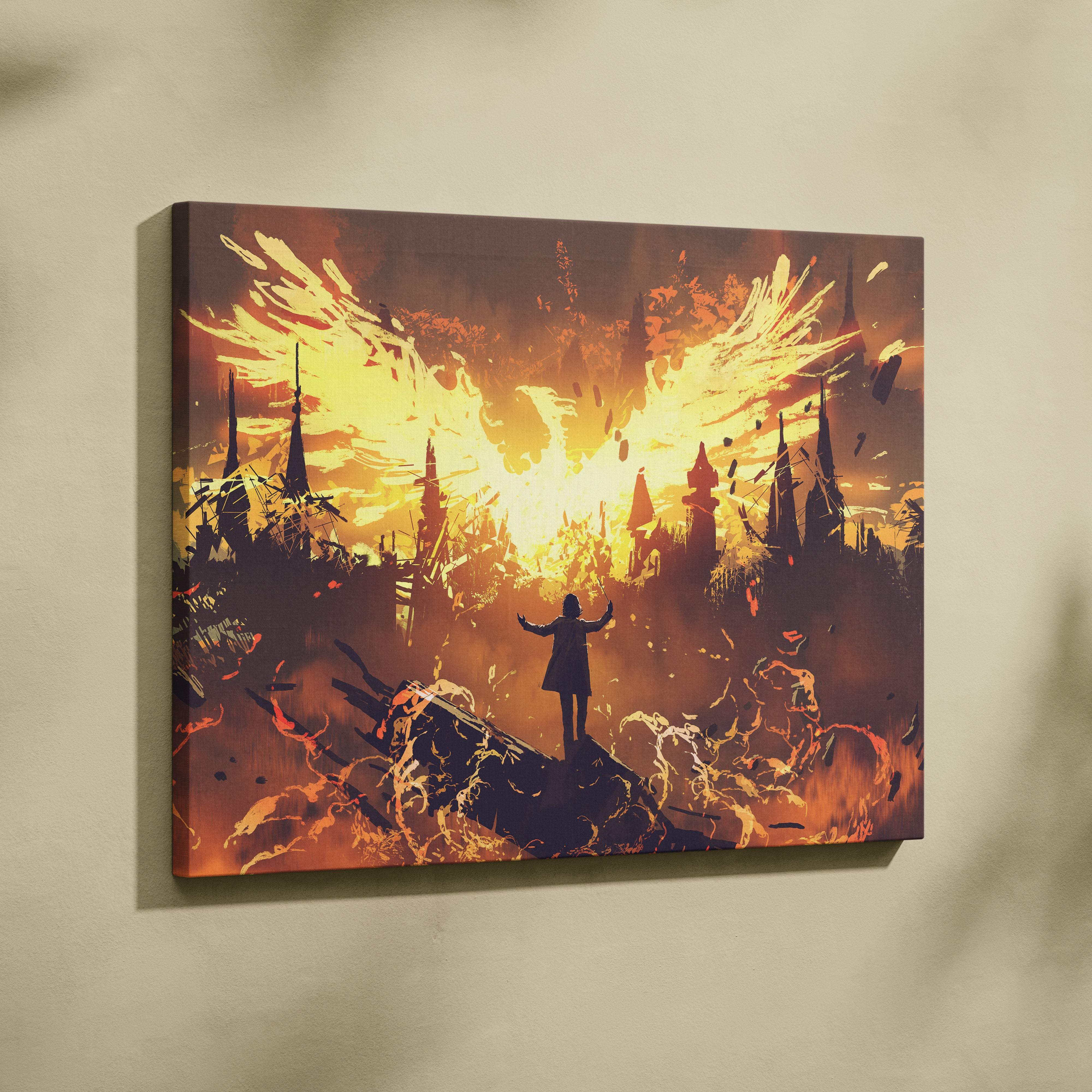 Fiery angel wings canvas wall art print featuring a lone figure before a golden orange sky for gothic bedroom decor