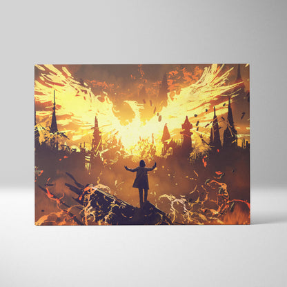 A rectangular canvas print featuring fiery angel wings and a dark fantasy warrior in a dramatic gothic scene