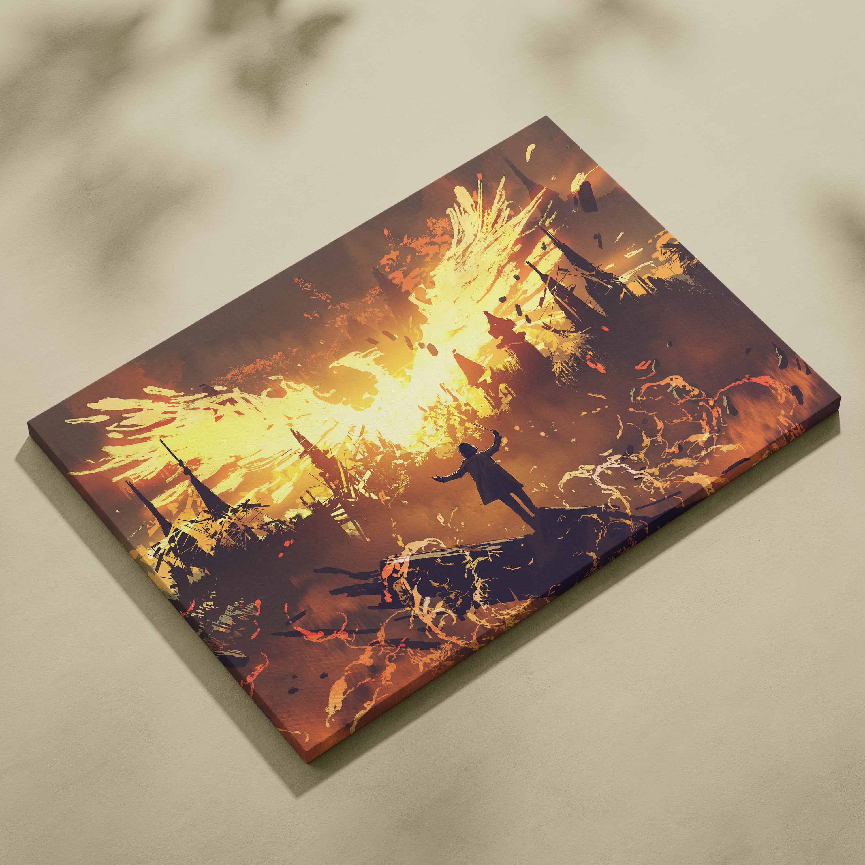 Rectangular canvas print featuring fiery angel wings with silhouetted warriors on an orange and yellow backdrop for gothic decor